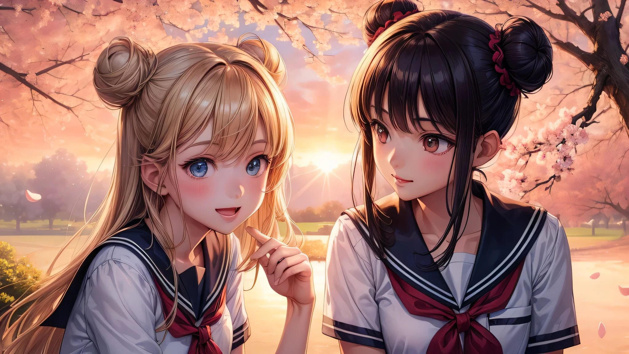 (2 girls:1.2), cute face, shining smile, (double buns:1.2), (school uniform, mini skirt:1.2), (highest quality: 1.4), (Super detailed), (highest quality:1.4), (super detailed), (lush park), sunlight, cherry blossoms, sunset, beautiful rainbow sky, (anime illustration), very high resolution, (Upper body), close up face