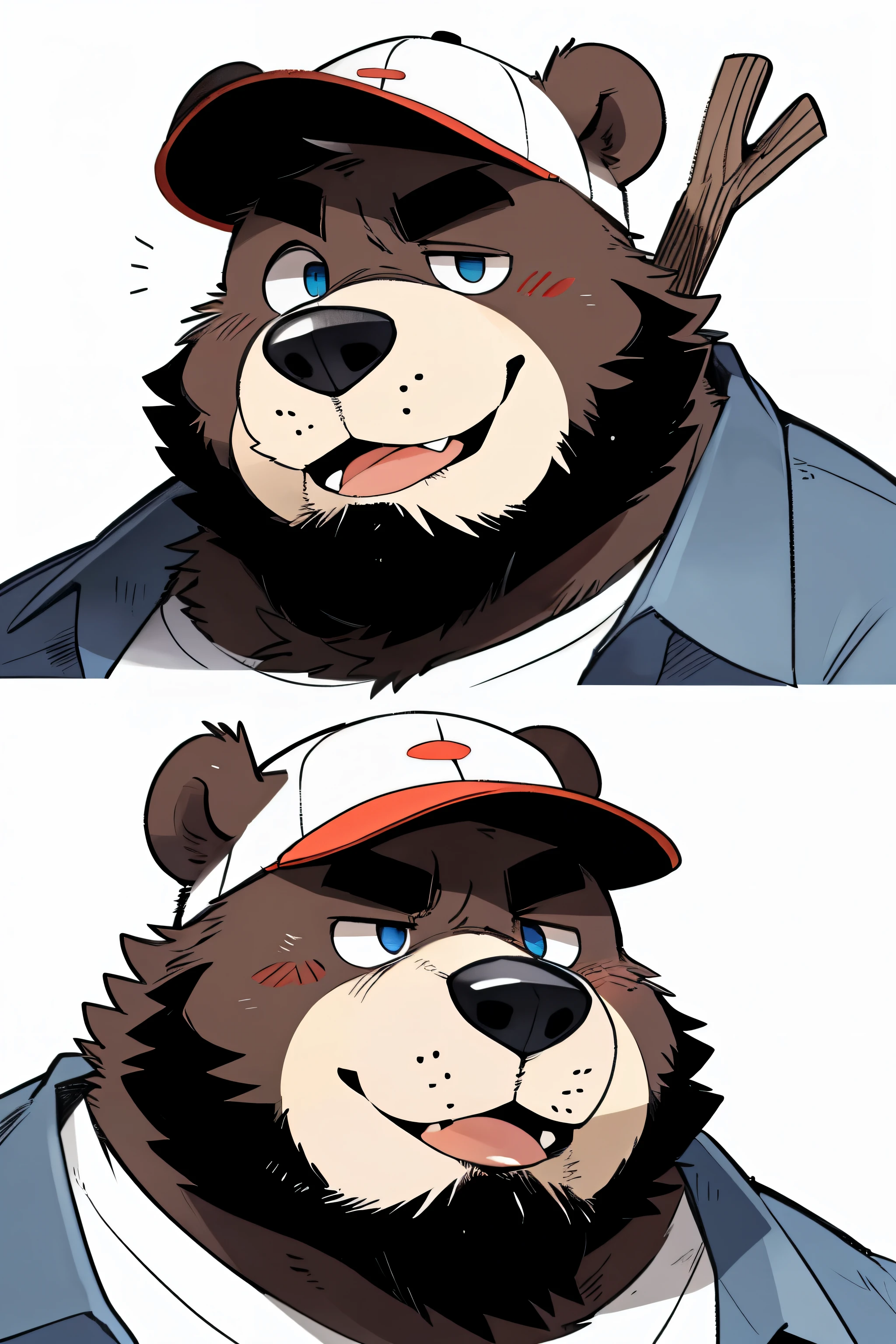 solo, Chubby, furry,male , (((with cap))), ((anthro bear, very plump, middle aged, very plump face , very fat face, very big face, very round face)) , no beard under nose,Thick beard, (((much beard))), seductive , detailed , extremely hot and sexy, clear detailed expressions (detailed eyes and mouth), (((medium shot, features))), ((( Stick figure))), (((portrait, headshot))), character sprite, cartoony, eye level camera, by hyaku ,by darkgem, by glitter trap boy, Face restoration (Perfect mouth,Correct mouth structure,perfect eyes,Correct eye structure), ((( correct lower lip)))