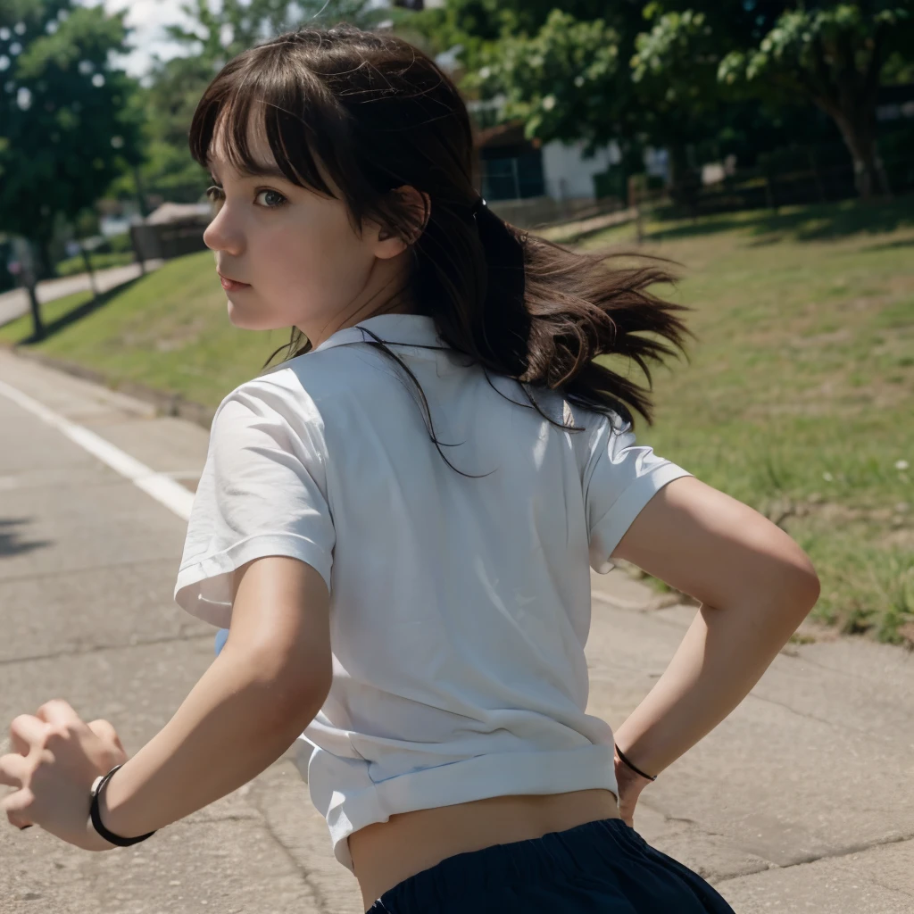 Anime of a 12 year old girl running desperately looking back, white girl with short dark brown hair