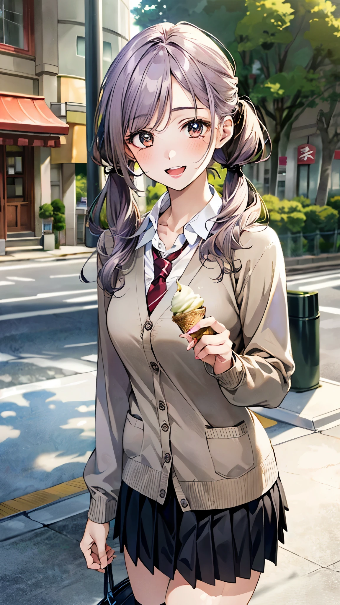 (masterpiece:1.2, top-quality, ultra high res, ultra detailed), (realistic, photorealistic:1.4), beautiful illustration, (natural side lighting, movie lighting), 
looking at viewer, full body, 1 girl, japanese, high school girl, perfect face, (perfect ), cute and symmetrical face, baby face, shiny skin, slender, 
(long hair:1.5, low twintails:1.5, light purple hair), swept bangs, gold eyes, drooping eyes, big eyes, long eye lasher, (medium breasts), 
beautiful hair, beautiful face, beautiful detailed eyes, beautiful clavicle, beautiful body, beautiful chest, beautiful thigh, beautiful legs, beautiful fingers, 
((detailed cloth texture, long sleeves light brown cardigan:1.4, light grey pleated skirt, white collared shirt), dark red tie, white thigh-high), 
(beautiful scenery), day time, (downtown) walking, (eating crepe), (happy smile, open mouth), 