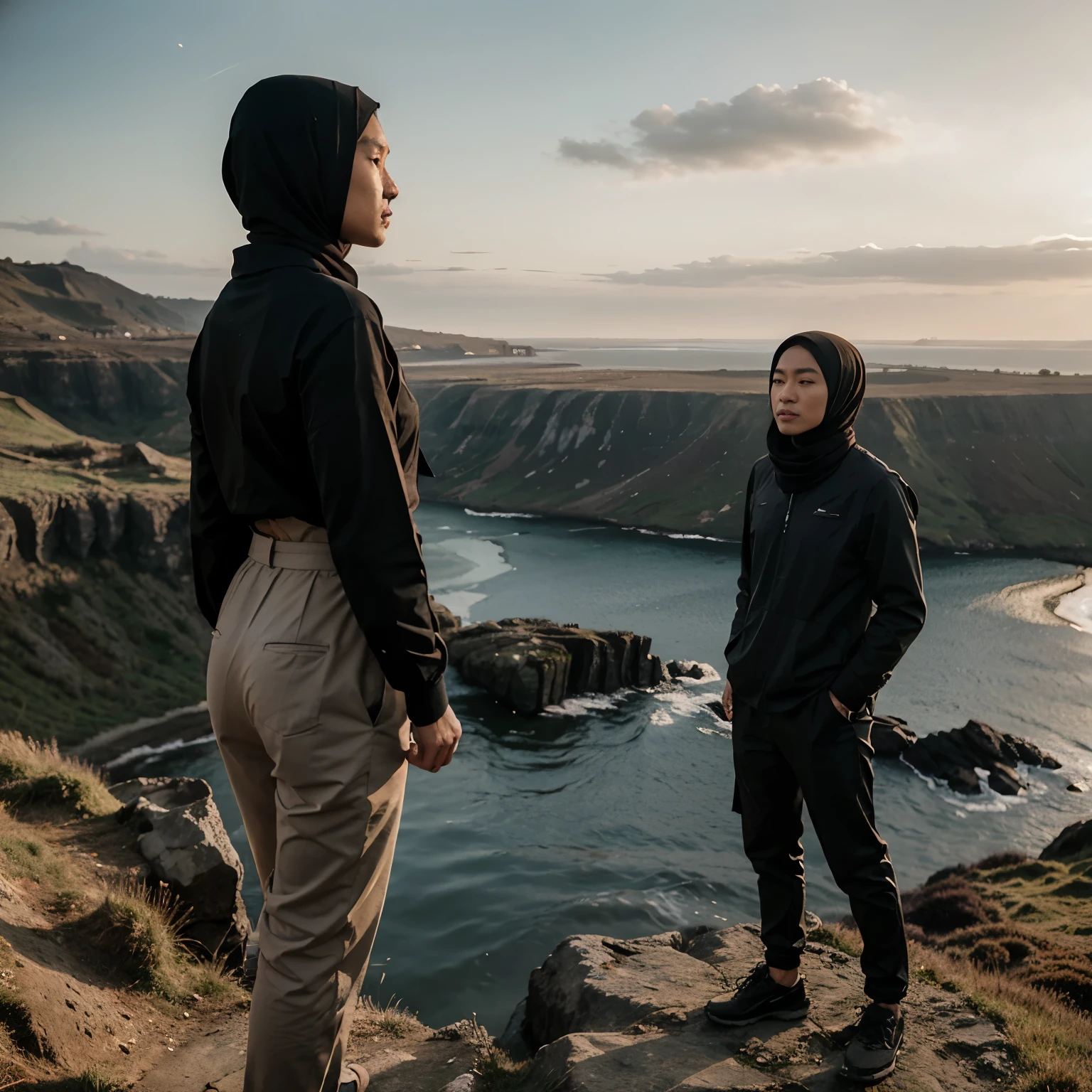 full body, long shoot, cinematic portrait of an Asian man with short straight hair dressed casually with an indonesian woman wearing hijab and long pants, standing back to back on a cliff, with his back to the water, standing on a cliff, mysterious, romantic scene, beautiful couple, scary moorland in behind him, standing on rocks and grass, professional photography, looking at the camera