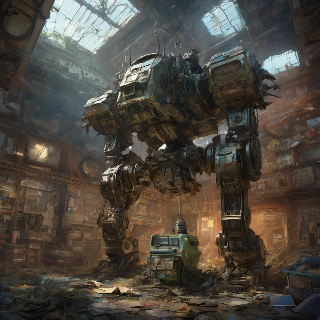 Abandoned Mech, aesthetic, extremely detailed, eye catching, drab, St Helliers Boys Home.....abandoned 50 years ago....old school books littering the floor ..mildew, massive hulking partly human cyborg beast abandoned postapocalyptic wasteland Hyper-detailed masterpiece by Joe Fenton Tracy J. Butler Brian Kesinger WLOP Wadim Kashin Ismail Inceoglu Jordan Grimmer splash art watercolor dark and gritty, Epic cinematic brilliant stunning intricate meticulously detailed dramatic atmospheric maximalist digital matte painting