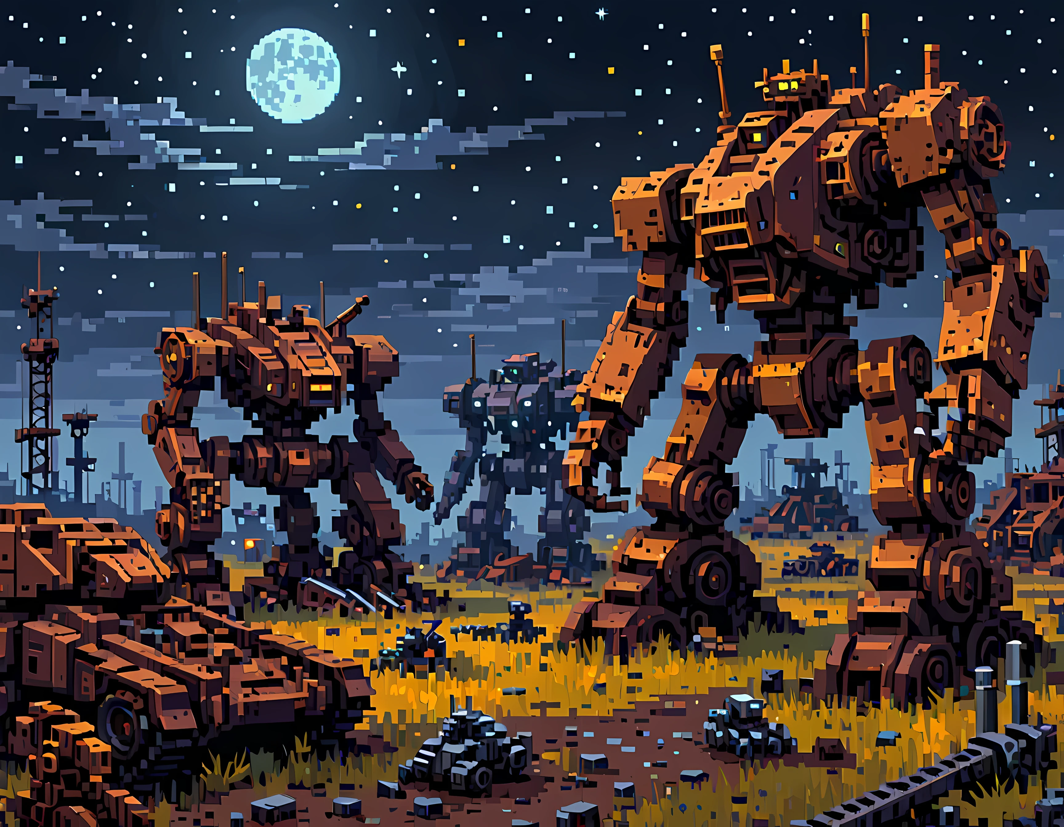 Pixel art, a vast mech graveyard under a starry moonlit sky, abandoned war machines lie in disrepair, battered and rusted, rows of broken mechs, nature intermingling with metal, a sense of melancholy and nostalgia, masterpiece in maximum 16K resolution, superb quality. | ((More_Detail))