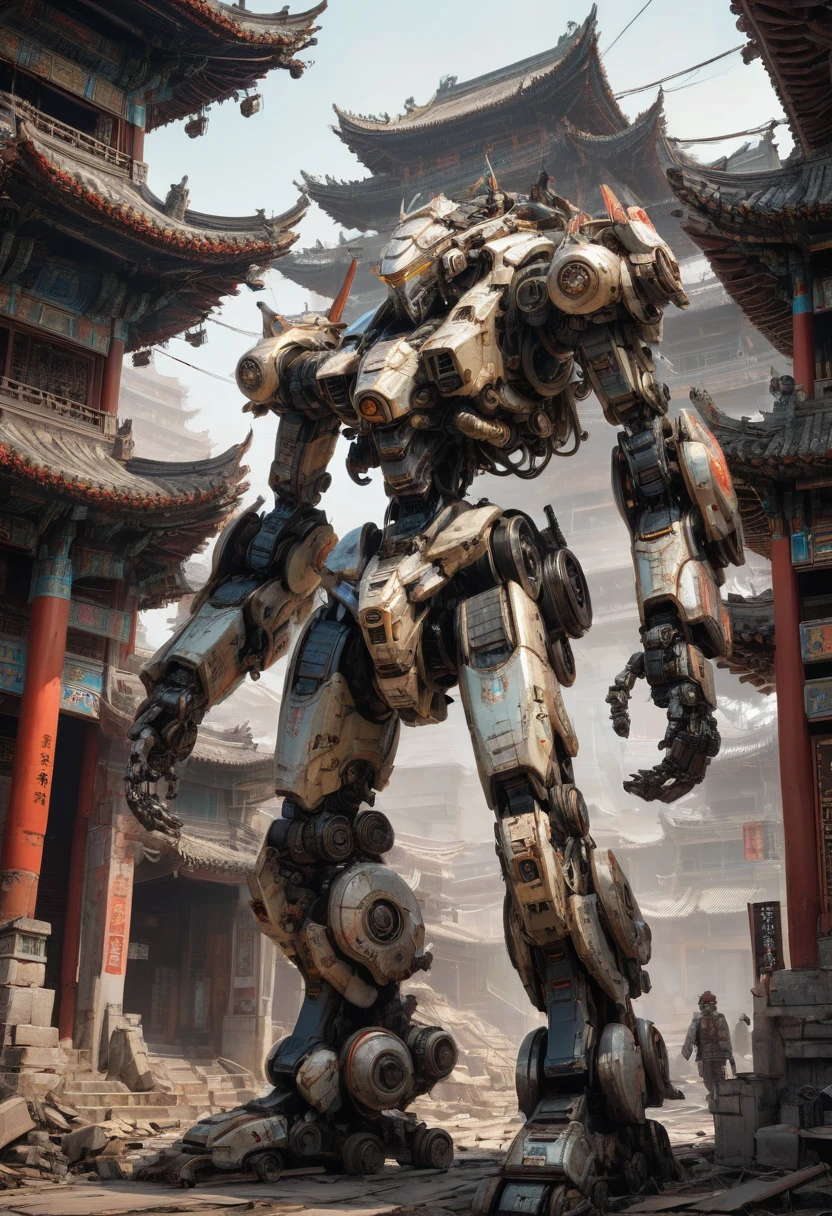 Abandoned Mech by Emmanuel Shiu, background is ancient Chinese architecture, Chinese style Mech, best quality, masterpiece, Representative work, official art, Professional, Ultra intricate detailed, 8k