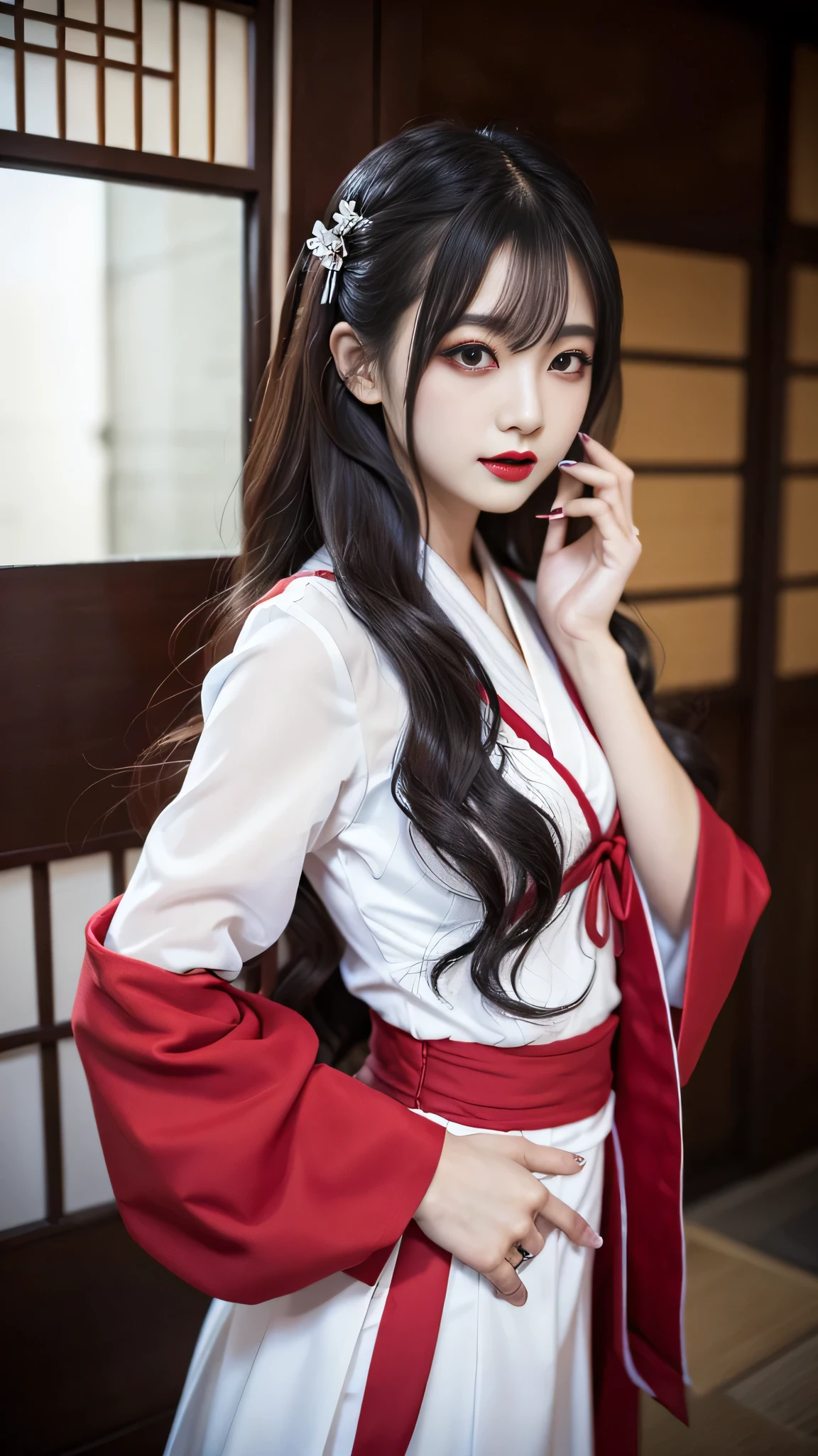 Super detailed、Japanese、charming beauty、seductive adult woman、Beautiful woman、sharp eyes、cool girl、wavy hair、shrine maiden costume、LED skirt、wide sleeve、evilの幹部、evil depravity、brainwashing、Mind control、lipstick、grin、evilな表情、evil、empty eyes、evil、Inside a dilapidated building、vampire、vampire、Hypnosis、brainwashinging、Contrasting、makeup brush