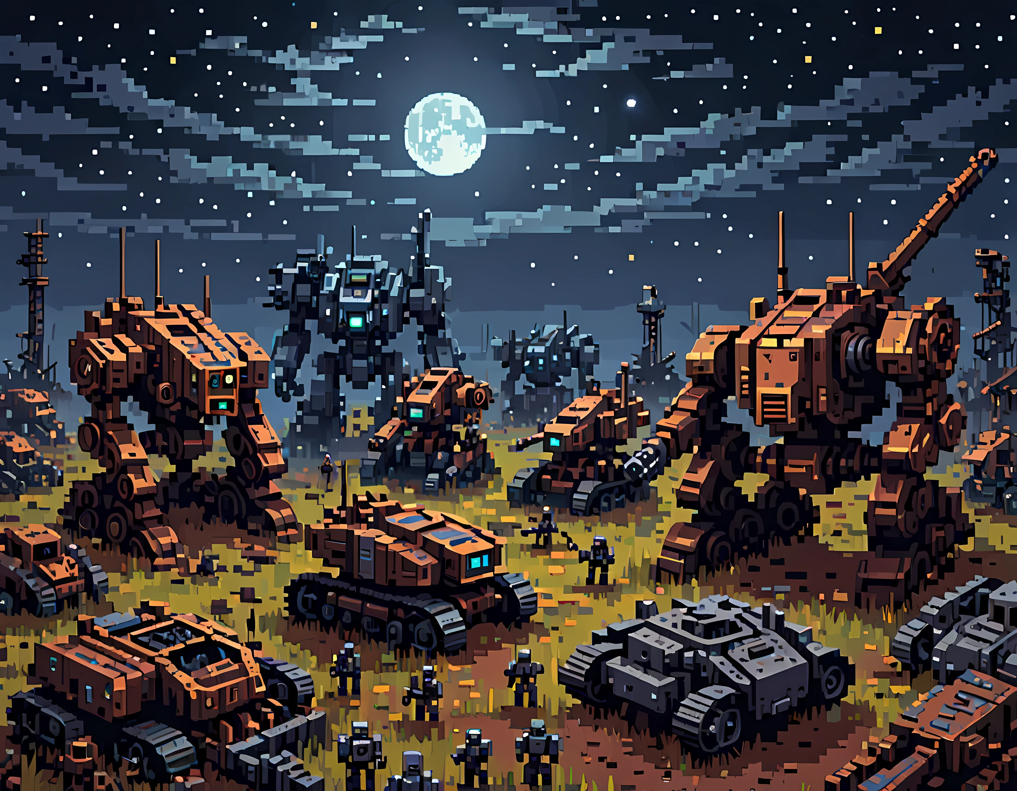 Pixel art, a vast mech graveyard under a starry moonlit sky, abandoned war machines lie in disrepair, battered and rusted, rows of broken mechs, nature intermingling with metal, a sense of melancholy and nostalgia, masterpiece in maximum 16K resolution, superb quality. | ((More_Detail))