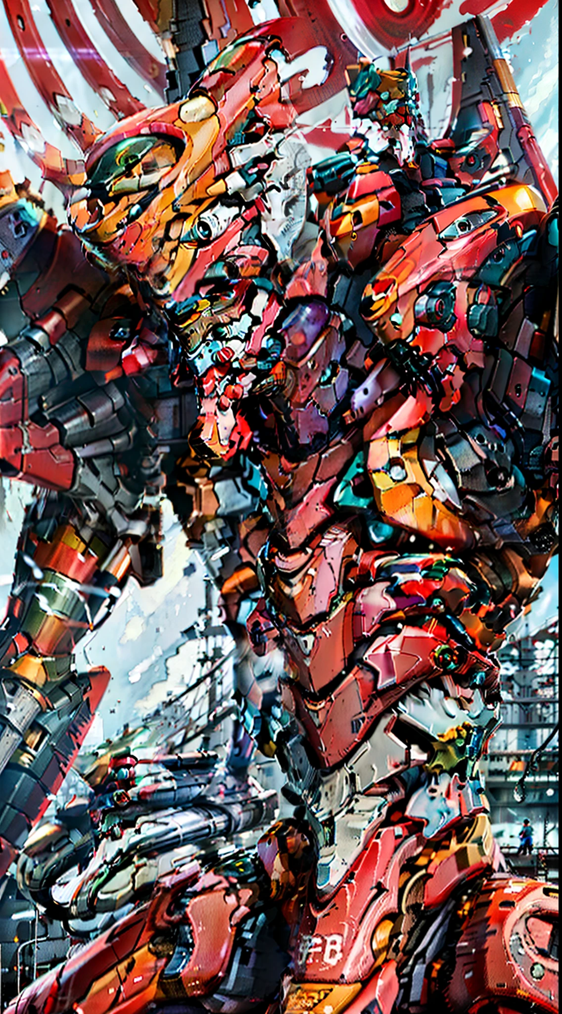 (Eva 02), God Eva, Evangelion Mecha, Science Fiction, Looking at the Audience, 3d Rendering, (Official Art, Best Quality, Masterpiece: 1.2), Illustration, High Resolution, Beautiful Abstract Background, Futurism, Cyberpunk, Intense Angle,