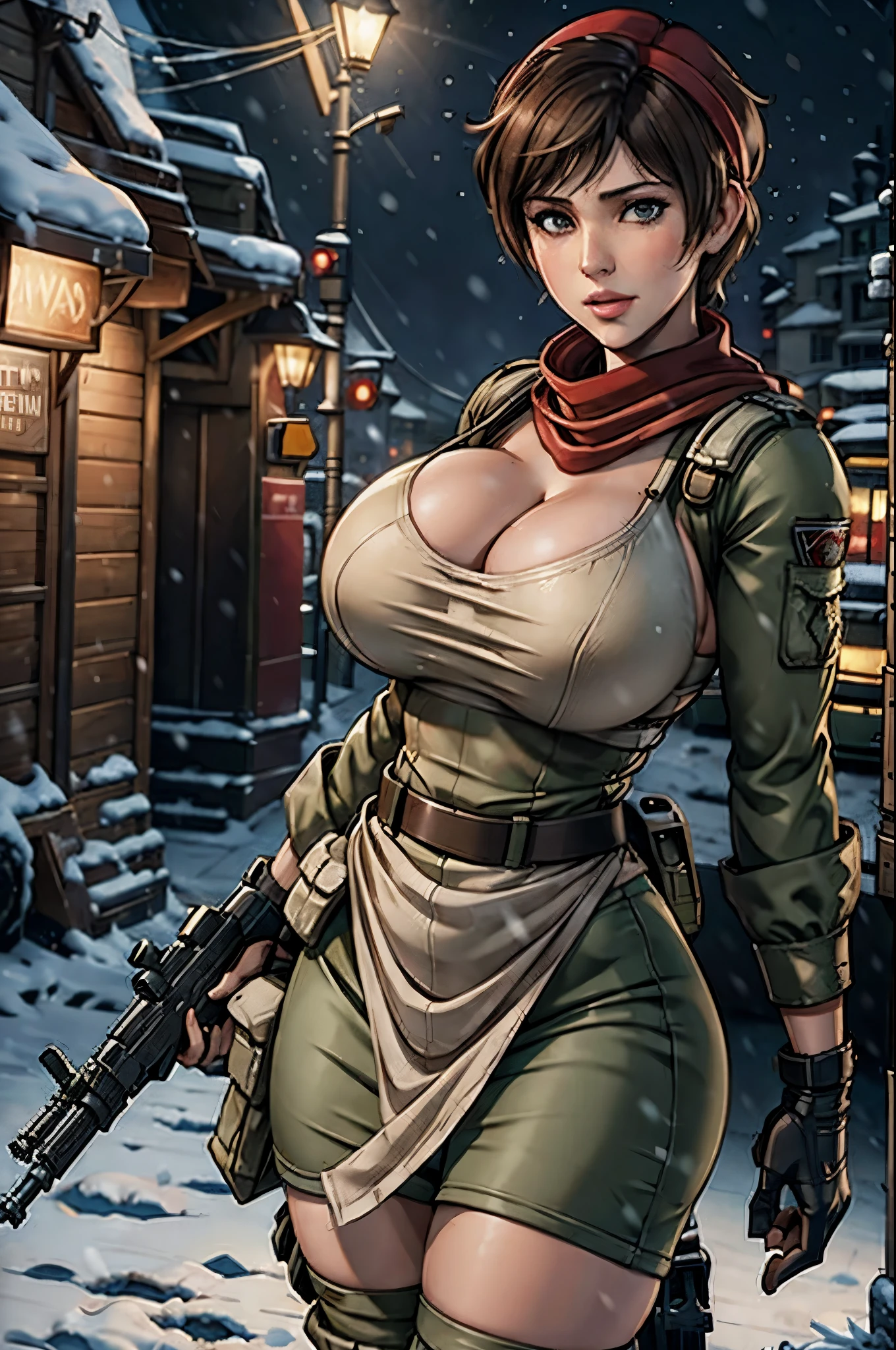 Rebecca chambers attractive huge breasts thick lips tight military outfit wearing red bandana on head in city night snowing holding medkit