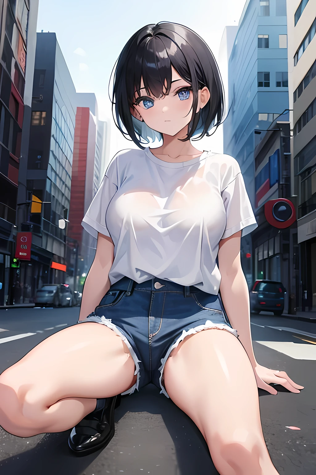 1girl, short black hair, blue eyes, wearing plain white shirt, denim shorts, city, absurdres, high res, ultrasharp, 8K, masterpiece, looking at viewer