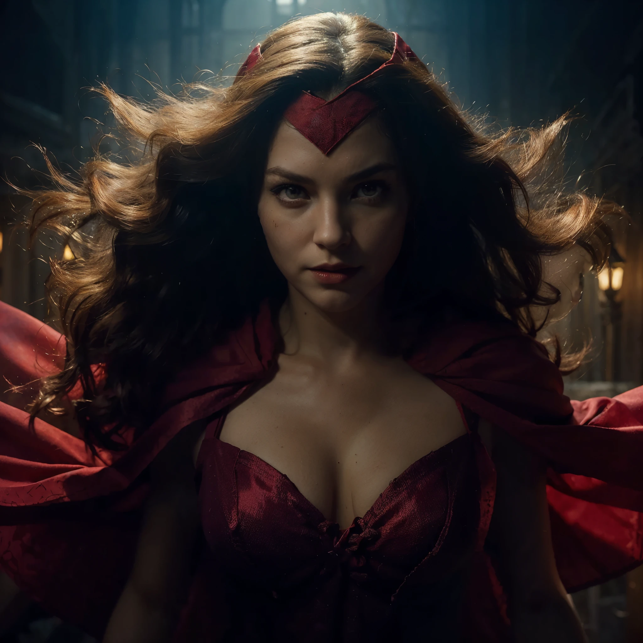 ((very sharp photo result & detailed face)) (((textile shading))), (((Best Quality))), (((masterpiece))), (((hyper realistic photo))) dark backlight shade shoot devilish floating full body the Scarlet witch (((classic costume red tanktop "M" headband & red cloak)) (red aura outside her body))), wavy hairstyle brown hair, ((waving by winds, gorgeous hair)), red glowing eyes, ((intensely spell a magic pose)), dark castle environtment, gargoyles, gritty atmosphere,4K, perfect quality