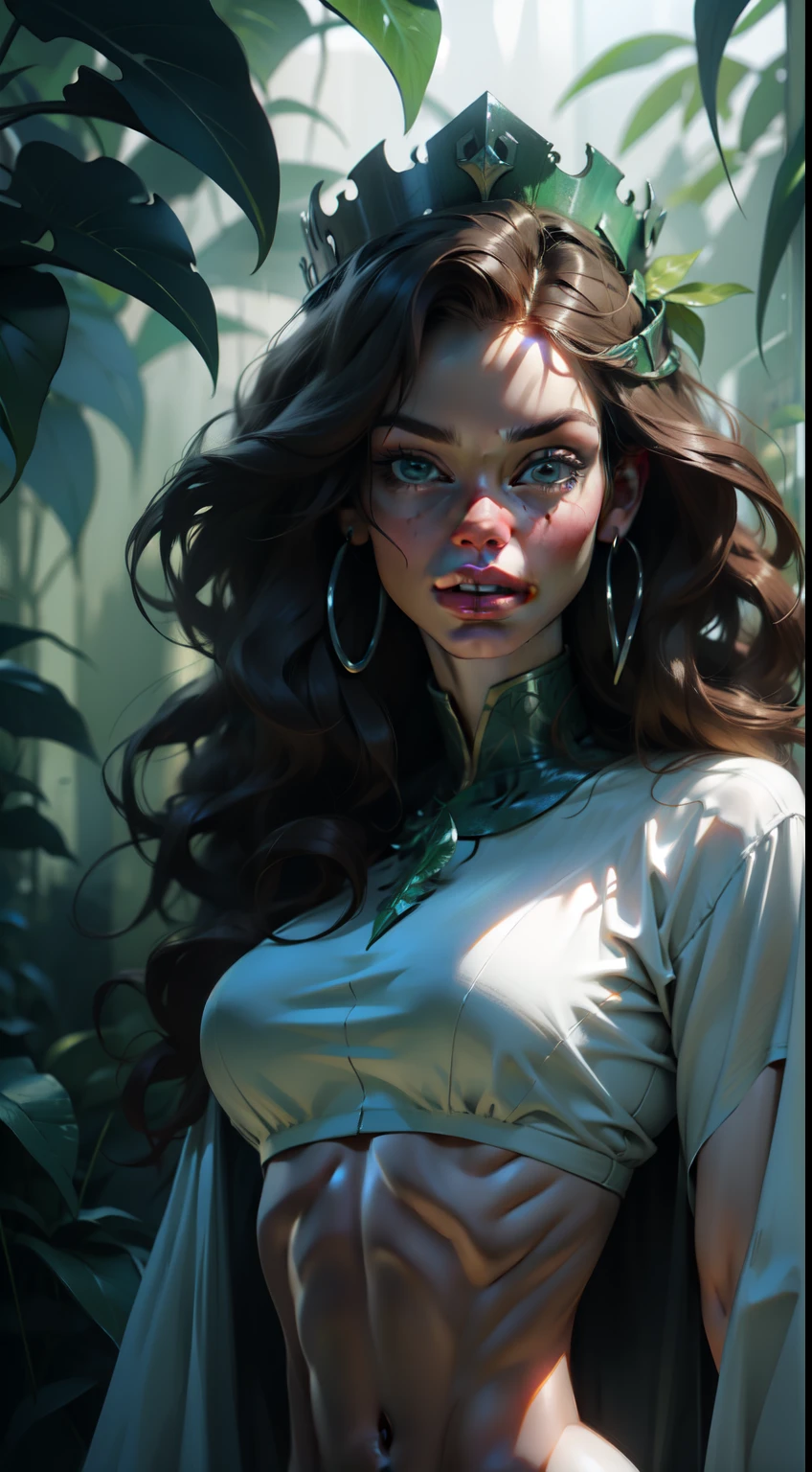 ((dark lighting)), (puffy lips),((slendered abs)), beautiful face,(mega detailed CG unity 8k wallpaper, artwork), high contrast, thick fog, jungle, emerald greenery, magical lighting, leaf cutter, crown of flowers. theofficalpit art style,in the art style of mohrbacher, In the style of Peter Morbacher