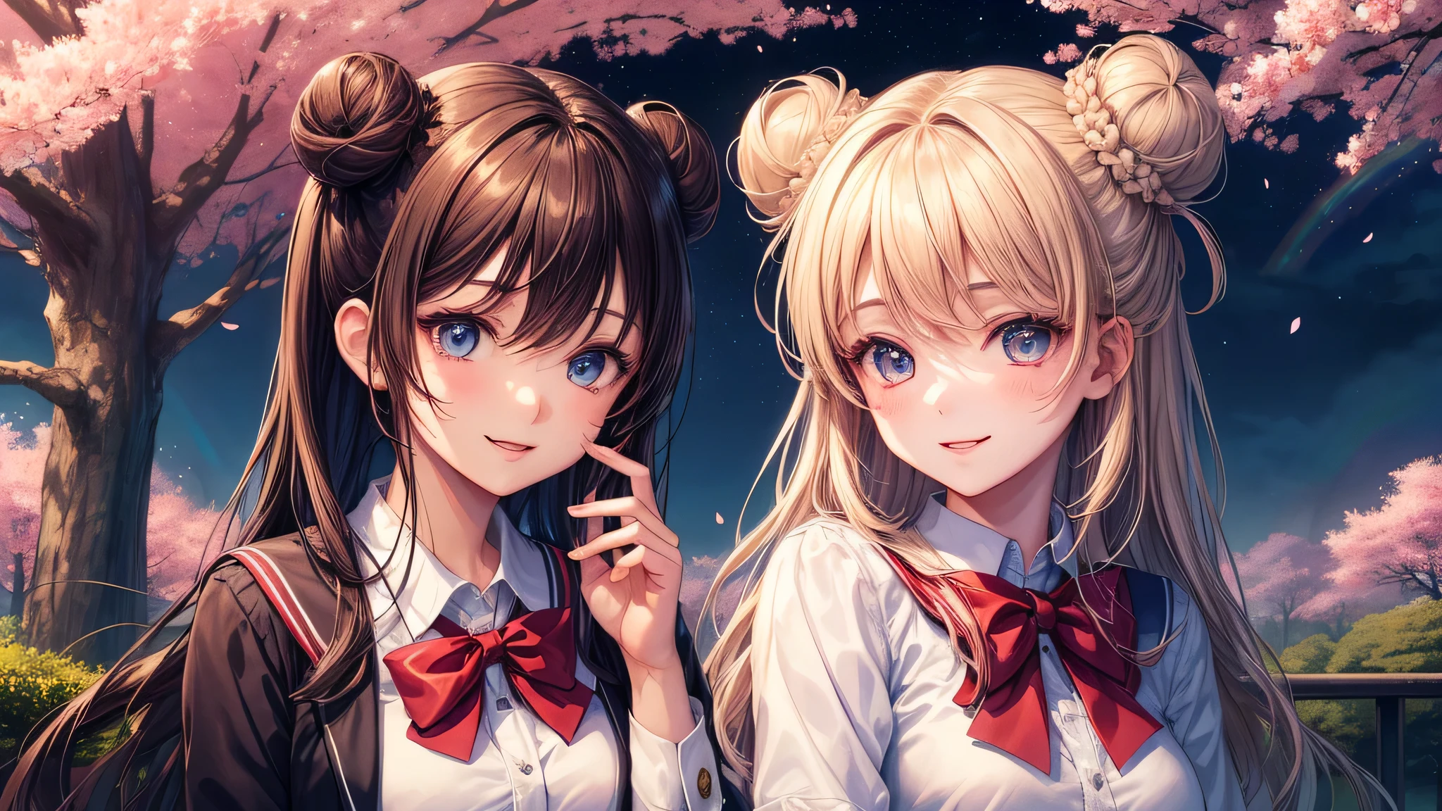 (2 girls:1.2), cute face, shining smile, (double buns:1.2), (school uniform, mini skirt:1.2), (highest quality: 1.4), (Super detailed), (highest quality:1.4), (super detailed), (lush park), sunlight, cherry blossoms, (night sky), beautiful rainbow sky,  (anime illustration), very high resolution, (Upper body), close up face