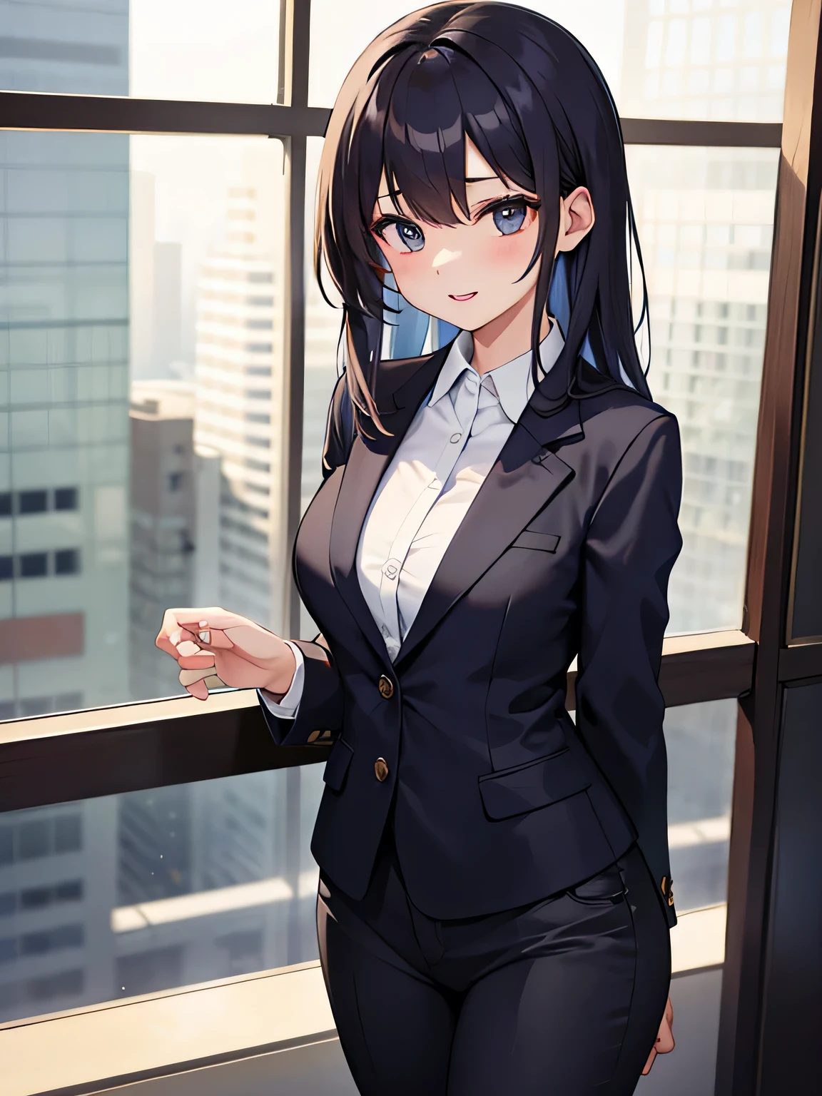 (1) Businesswoman wearing a sexy pantsuit.
(2) The place is a beautiful meeting room..