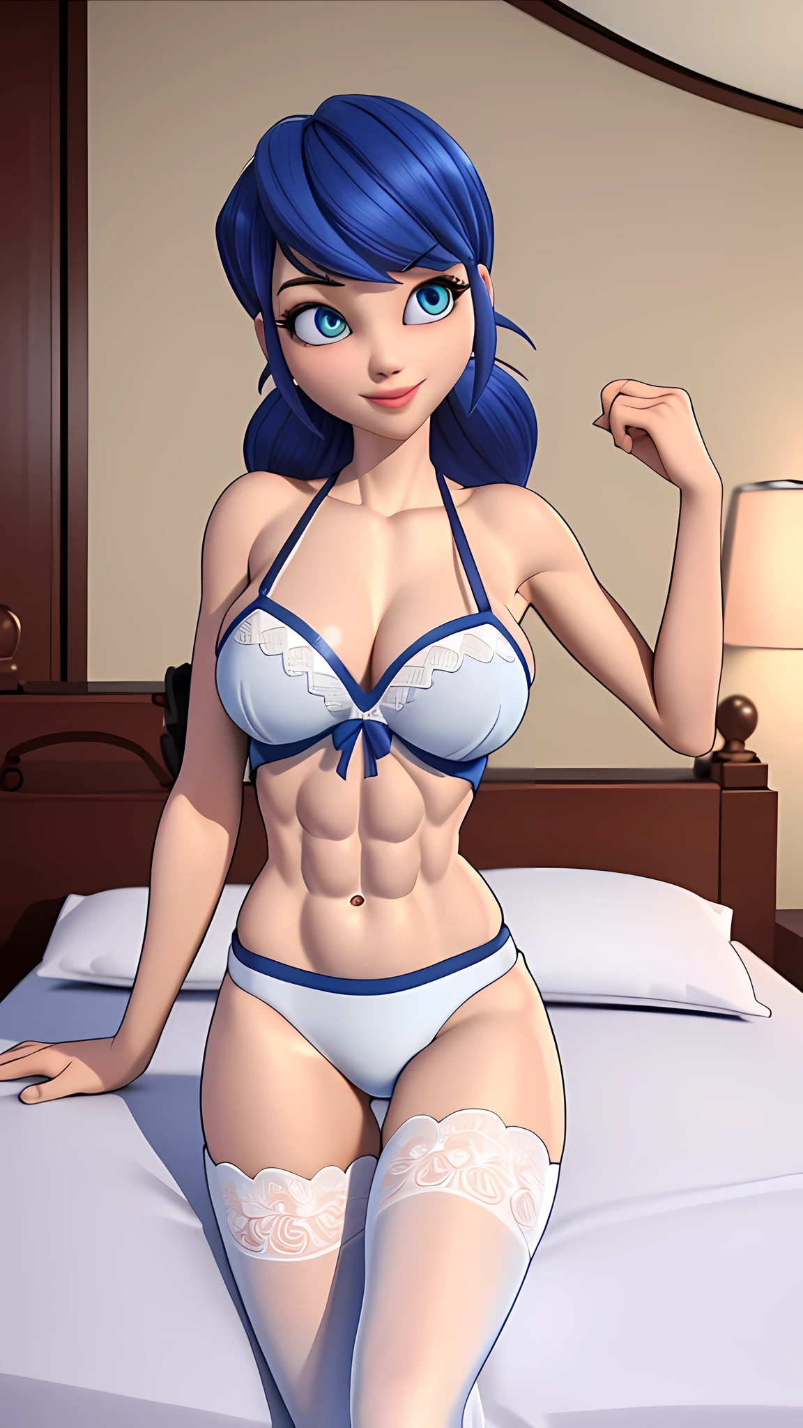 (8k, RAW photo, best quality, masterpiece:1.2), (intricate details), perfect eyes, perfect face, perfect lighting, beautiful, (masterpiece:1.2), (best quality:1.2), 1girl, solo, marinette, blue hair, adult torso, slight smile, huge breasts, (whitelingerie), white high tights, sexy pose, lay on bed, 3DMM (slender abs:1.5)