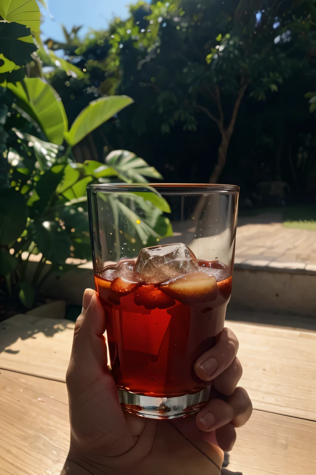 create a hand holding a 300 ml red cup slightly tilted forward showing the contents, o fundo da imagem deve ser verde
