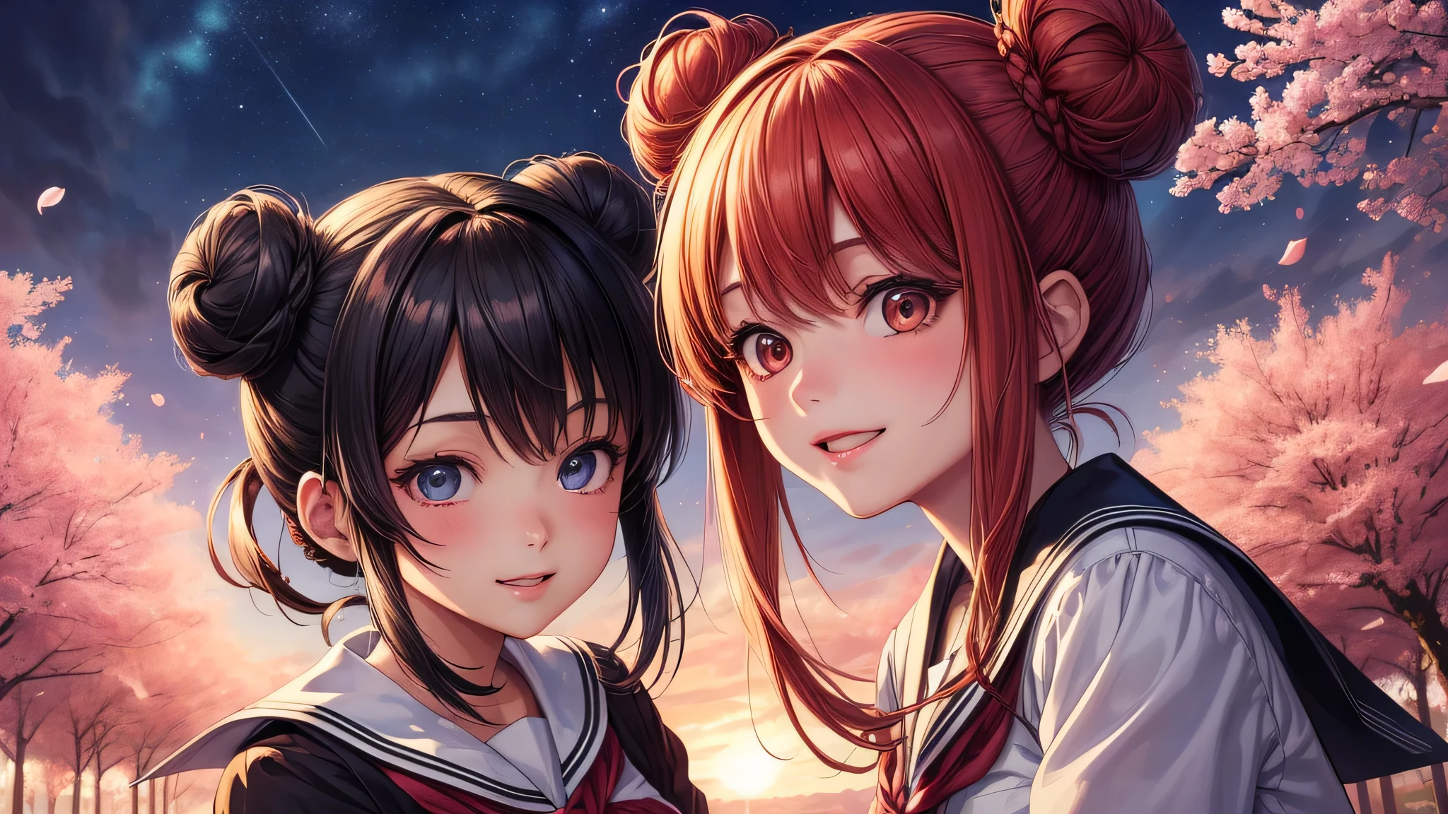 (2 girls:1.2), cute face, shining smile, (double buns:1.2), (school uniform, mini skirt:1.2), (highest quality: 1.4), (Super detailed), (highest quality:1.4), (super detailed), (lush park), sunlight, cherry blossoms, (night sky), beautiful rainbow sky,  (anime illustration), very high resolution, (Upper body), close up face