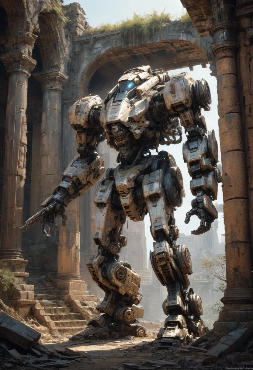 Abandoned Mech, ancient ruins, best quality, masterpiece, Representative work, official art, Professional, Ultra intricate detailed, 8k