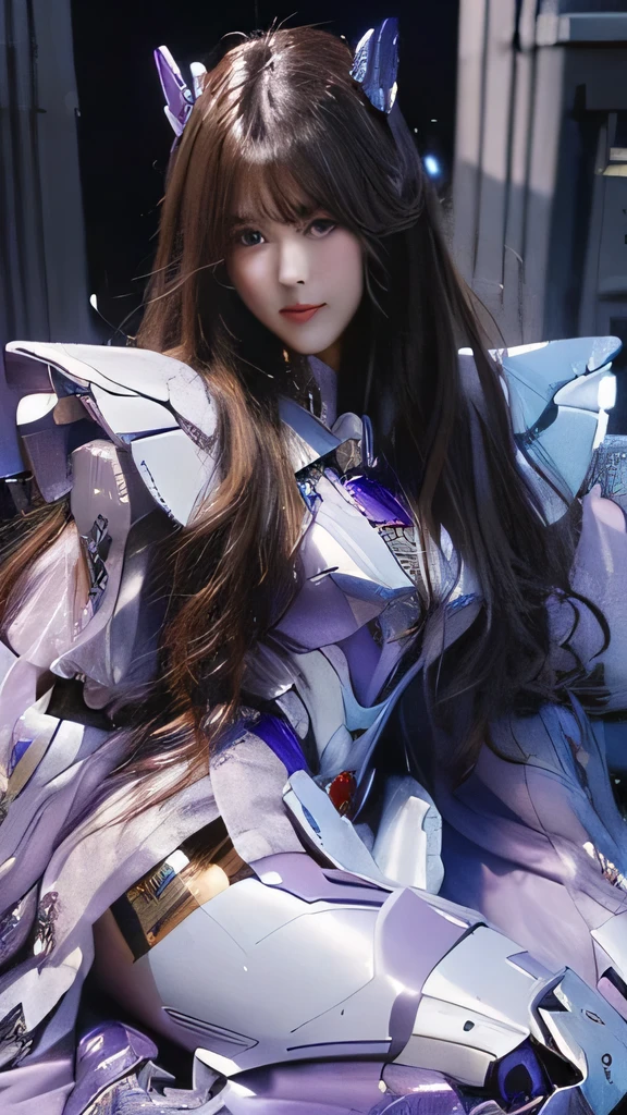 Textured skin, Super Detail, high details, High quality, Best Quality, hight resolution, 1080p, Gorgeous beauty、Girl with Beautiful Mecha Body、(Gundam) Girl with robot body, very very long long hair rapunzel, sit down, flying, full body, purple.