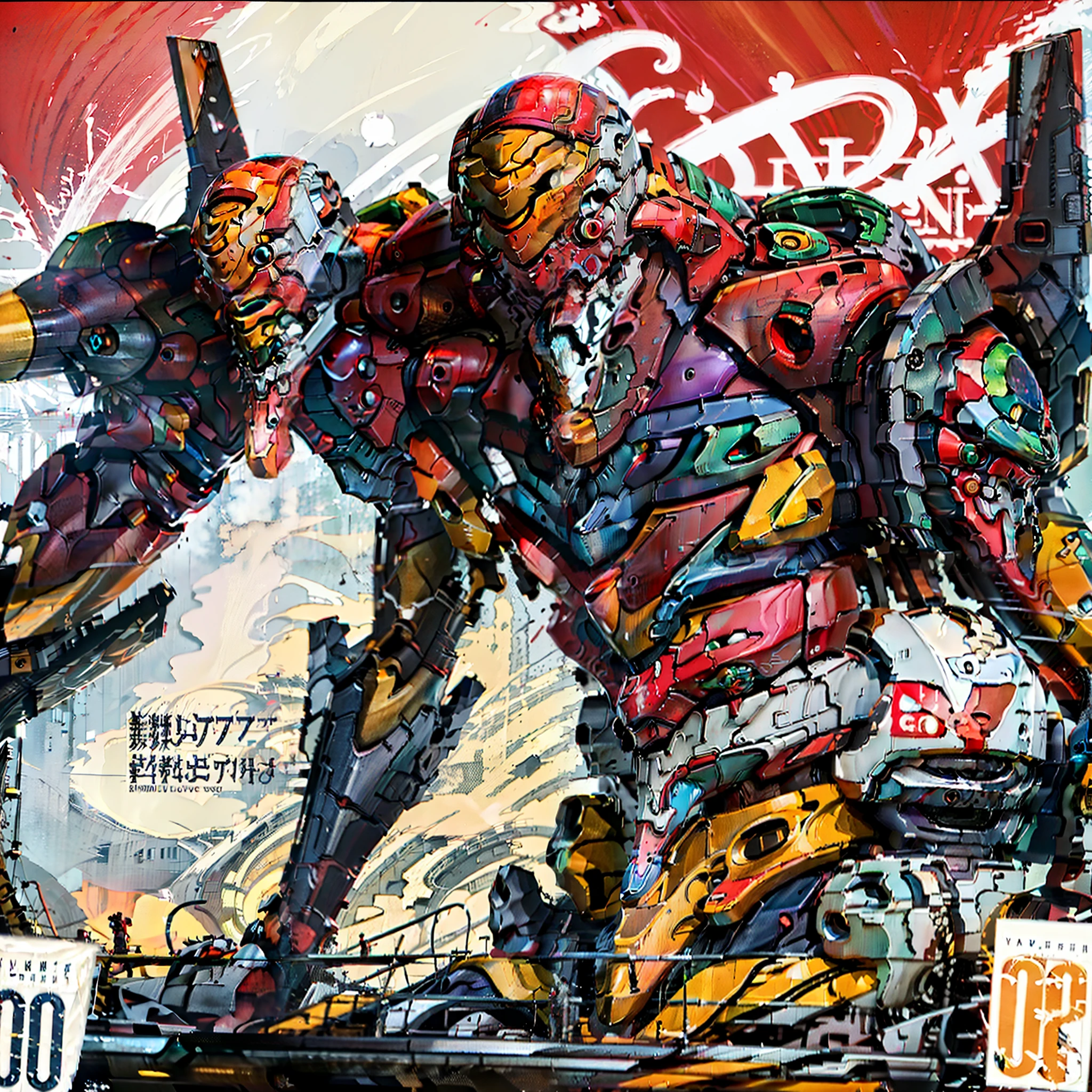(Eva 02), God Eva, Evangelion Mecha, Science Fiction, Looking at the Audience, 3d Rendering, (Official Art, Best Quality, Masterpiece: 1.2), Illustration, High Resolution, Beautiful Abstract Background, Futurism, Cyberpunk, Intense Angle,