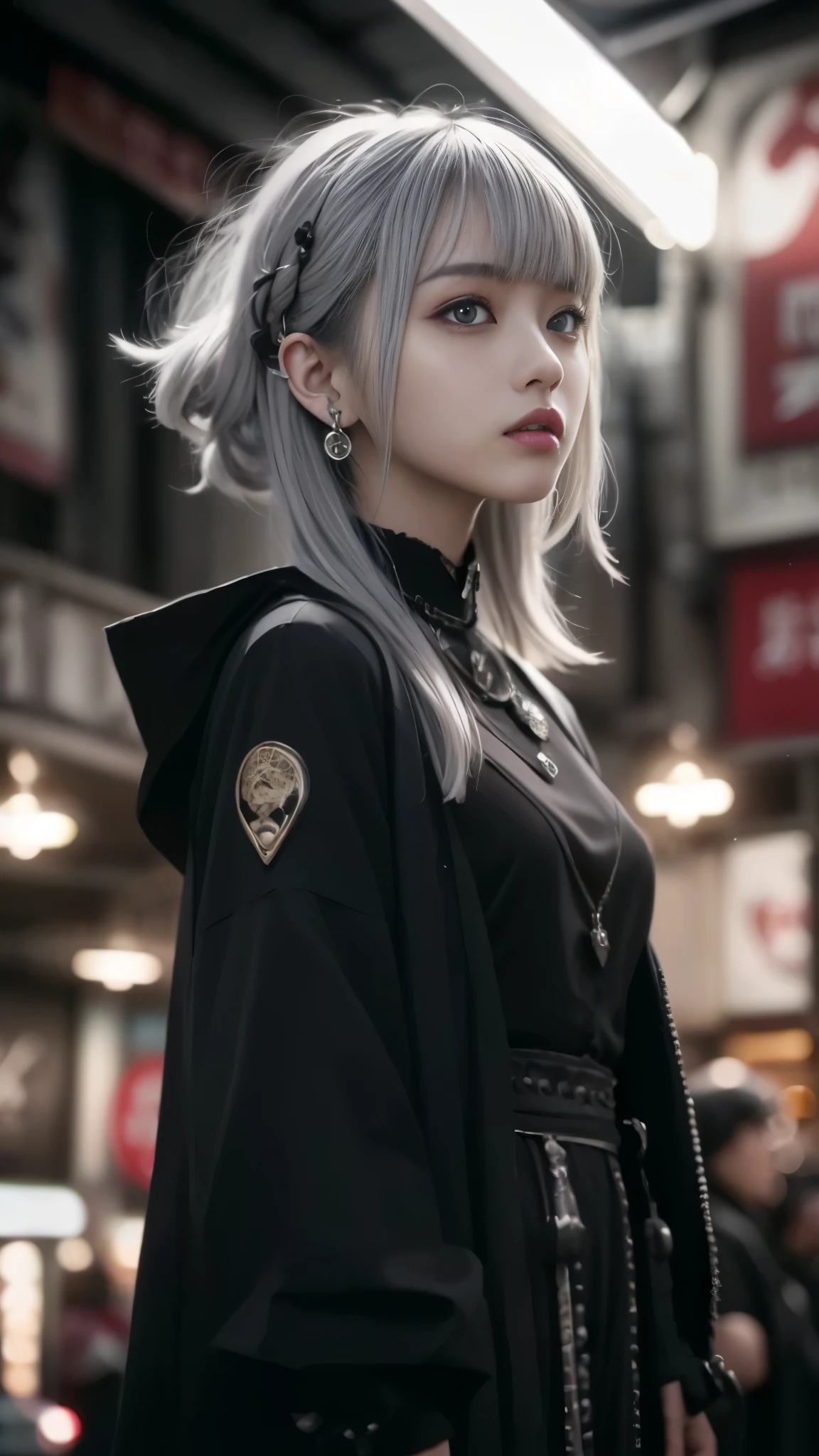 highest quality, masterpiece,gray hair, silver hair、gold eyes,ゴシックpunkの衣装、look up, Upper body,hair bundle,Fair skin,(realism:11.5、realistic、Photoreal)、black、earrings、amount、gothic skirt、goth_punk, one woman、solo, short hair, ((midnight、neon town)), look at the audience, short hair, cute face、portrait, side lock、masterpiece、highest quality、Highest image quality、highest resolution、Super detailed、Super exquisite、Realistic texture face and body、smaller chest:1.3、thin waist、deep red lipstick、swollen eyes、red eyeshadow、dynamic pose、
