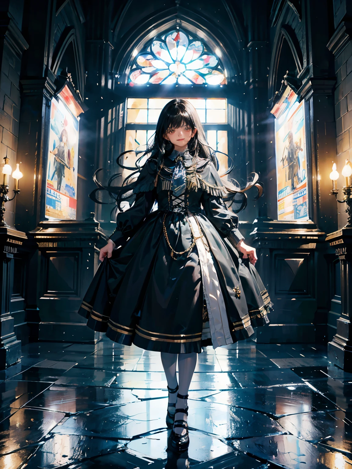 masterpiece, disorganized, incredibly disorganized, very detailed, highest quality, costume, have, knee high, whole body, 1 girl, alone, black hair, light smile, looking at the viewer, detailed background, Are standing, at the castle, night, dramatic lighting, 