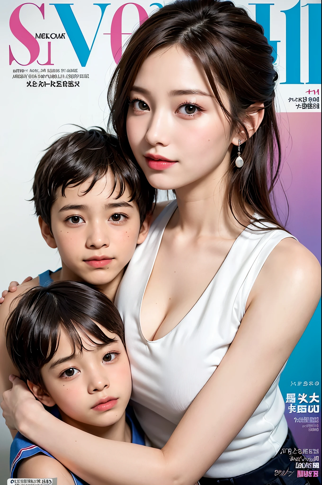 (colorful adult Magazine cover with lots of text)，(close-up:1.2)，pajamas， 1girl，Grasp by hand，(mother and son:1.5)，(kiss:1.2)，(A -yead boy4)，(hug)，(1boys:1.6)，{26-year-old lactating woman},drunken eyes,Side Chest,open at the chest,disproportionate breasts, Nipples standing up,sweat,((Sleeveless,sensual low-necked , open neckline:1.3)),{hairbuns，Women's hairstyle}, (areola:1.4)，Ultra-fine face, detailed eye, Double-fold eyelids，ssmile，pervert