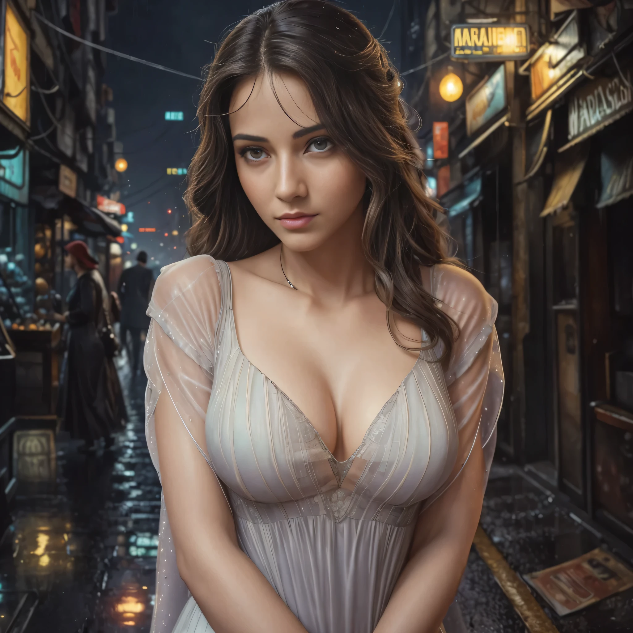 ((masterpiece)),((best quality)),((high detail)),((realistic,)) Futurist era city, deep gorges in the middle, architectural streets, bazaars, bridges, cyberpunk, European architecture, rainy night, neon, futuristic cars hovering on the street.some people walking on the pedestrians. Spielberg movies scene