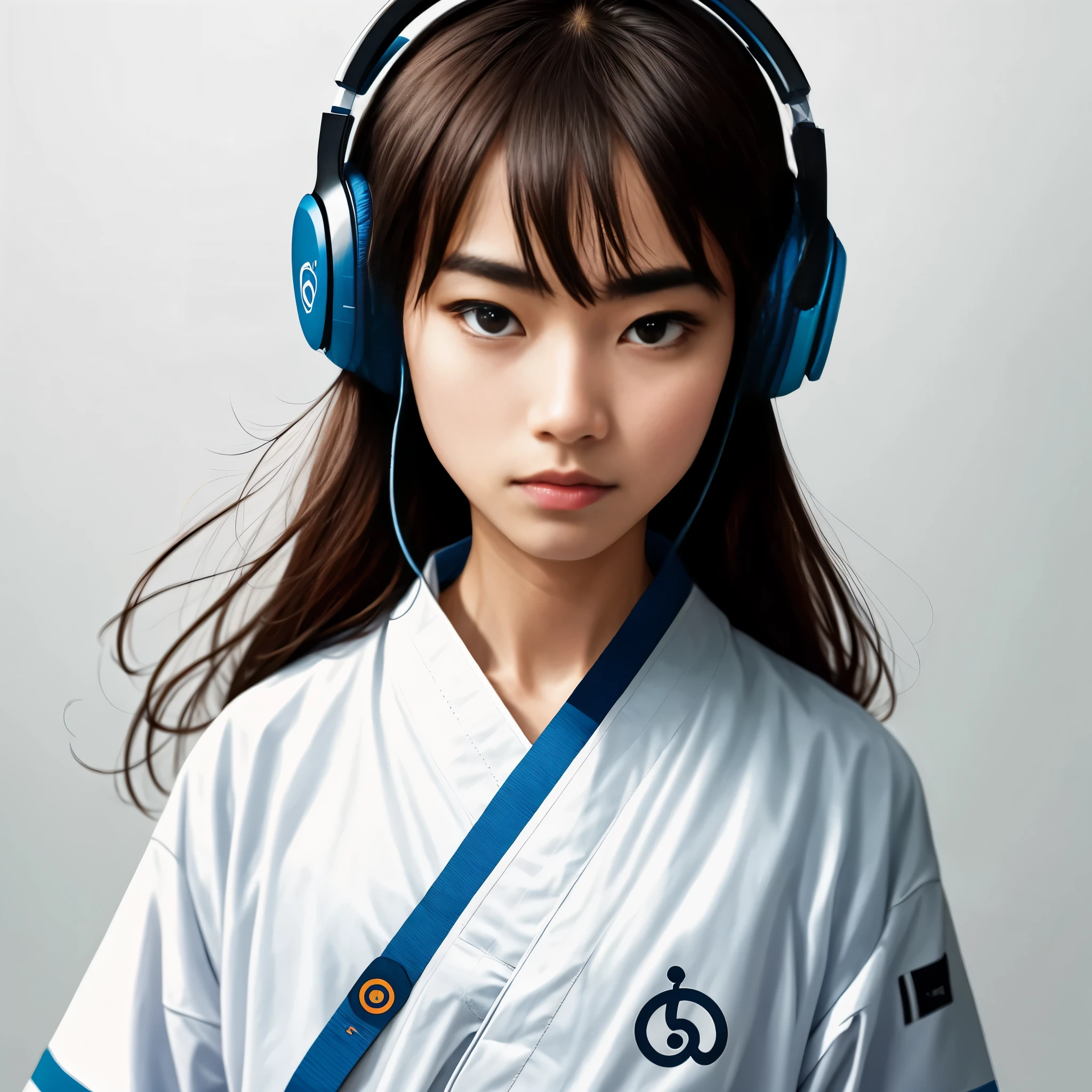 2D, GOJU face close up wearing headphone, circle logo, circle frame