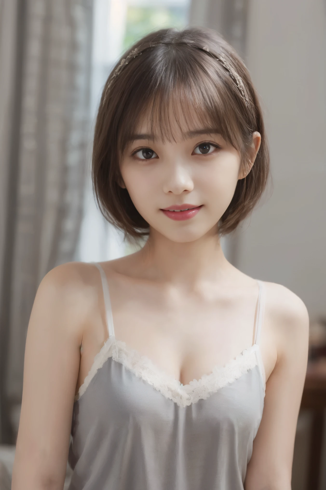 (Beautiful girl in camisole:1.3),Highly detailed CG Unity 8k wallpaper,(highest quality), ((Super detailed)),(masterpiece), (High resolution),cute,white paper,((Beautiful gray detail eyes)),Hairstar,white paperーディテールプリーツスカート,short hair,gray hair,(pleated paper ボール on head),(hoing on paper ボール),blue sky,[smile face on round wrinkle paper ボール on ground],jitome,indoor,bed,brush sticker, 