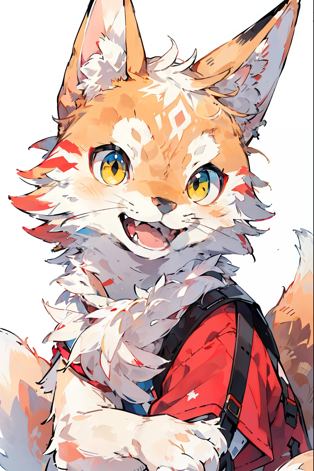 (best quality,4k,8k,highres,masterpiece:1.2),ultra-detailed,(realistic,photorealistic,photo-realistic:1.37),white background,fox girl,woolen sweater,red and white color scheme,perfect lighting,(super detailed),fluffy,((fox)),white background,depth of field,wide grin with open mouth,holding a gun with one hand pointed at the head,pink cushion,random pose,random camera angle