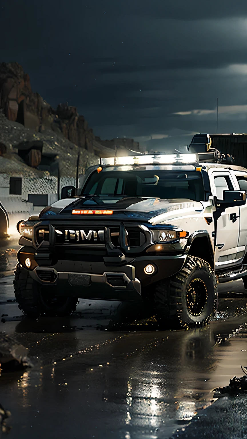 black RAM pickup truch, wet road, day light, dynamic lights, shine