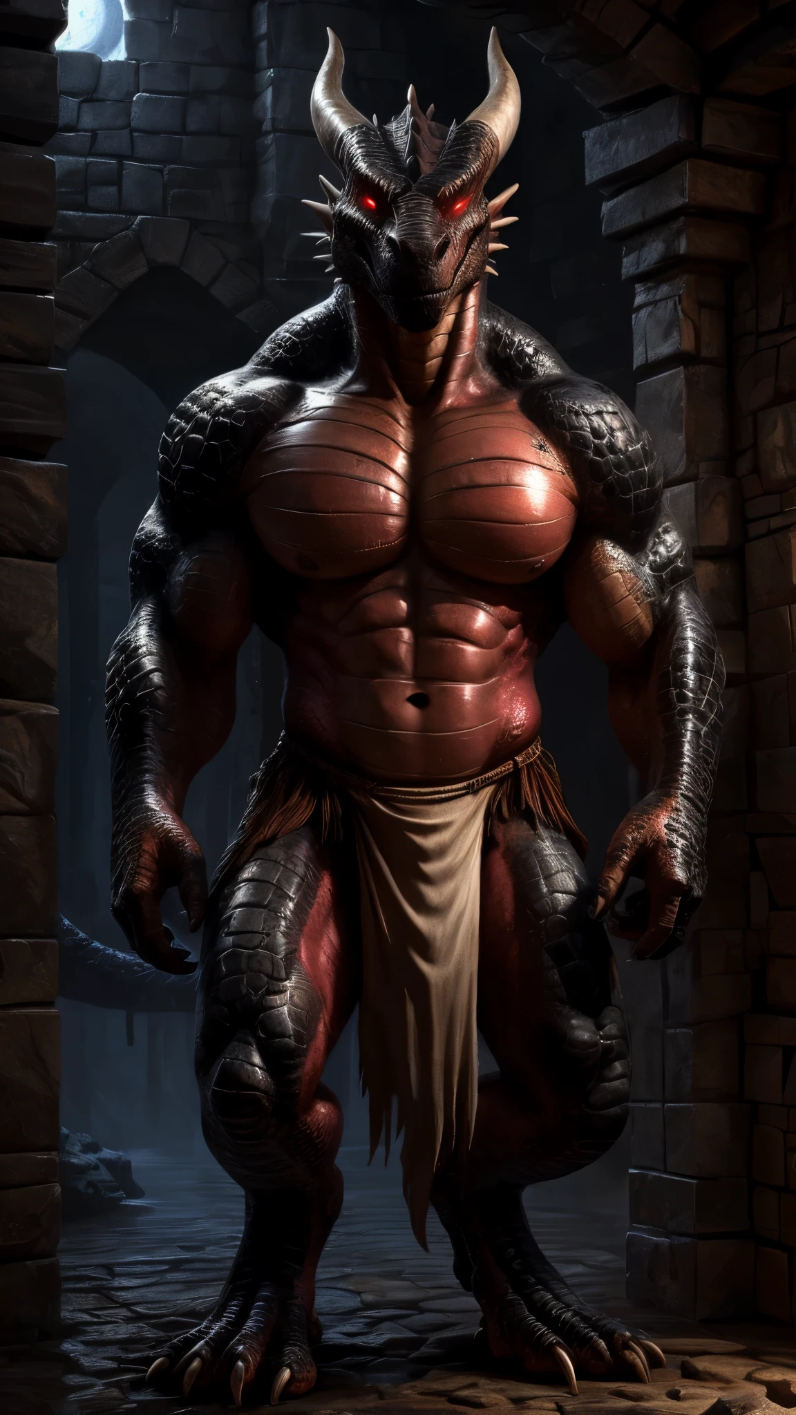 (((correct anatomy))), medieval room, dark fog, night, dark stone walls, close up view, faceshot, scars, nipples, (((front view))), standing, penis, dragon wings, (ultra detailed), a beautiful and detailed full size portrait of a male anthro dragon, scalie, dragonic, demon monster, (((black body, red skin))), smirk, (scales, detailed scales, muscle anthro, buff, big pecs,) glowing eyes, red eyes (glowing), non-mammal breasts, looking at viewer, glowing eyes, big body, sexy body, goddess, kenket, Ross Tran,ruan jia, trending on artstation,foxovh, cenematic lighting, (((standing))), detailed background, day, empty eyes, foreskin, tan body, tan scales, empty eyes, wet, night, big body, pronounced_browridge, muscular anthro, big muscles, big pecs, biceps, sunlight, loincloth, loincloth bulge, loincloth aside, seductive, feets, full body,