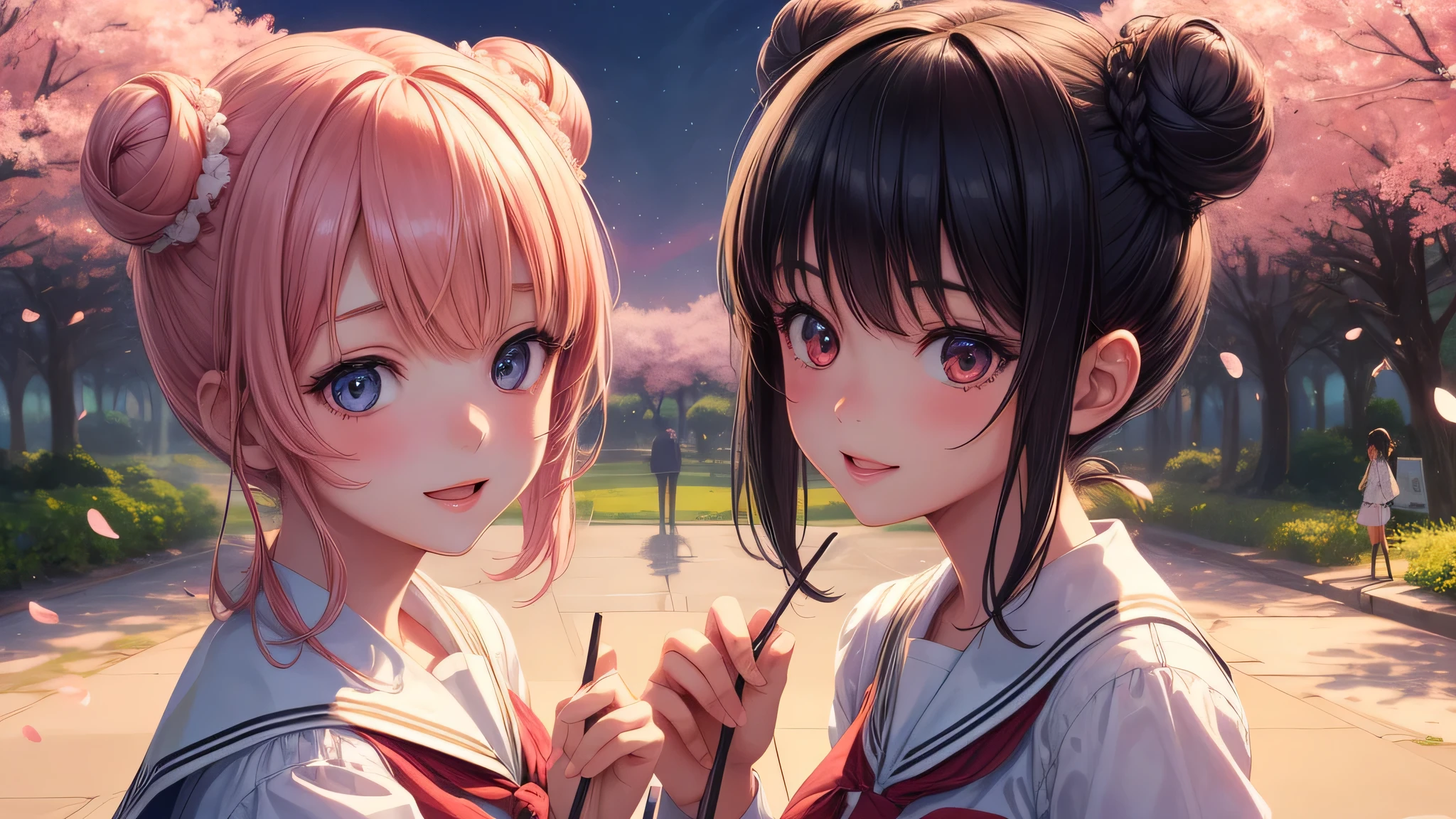 (2 girls:1.2), cute face, shining smile, (double buns:1.2), (school uniform, mini skirt:1.2), (highest quality: 1.4), (Super detailed), (highest quality:1.4), (super detailed), (lush park), sunlight, cherry blossoms, (night sky), beautiful rainbow sky, (anime illustration), very high resolution, (Upper body), close up face