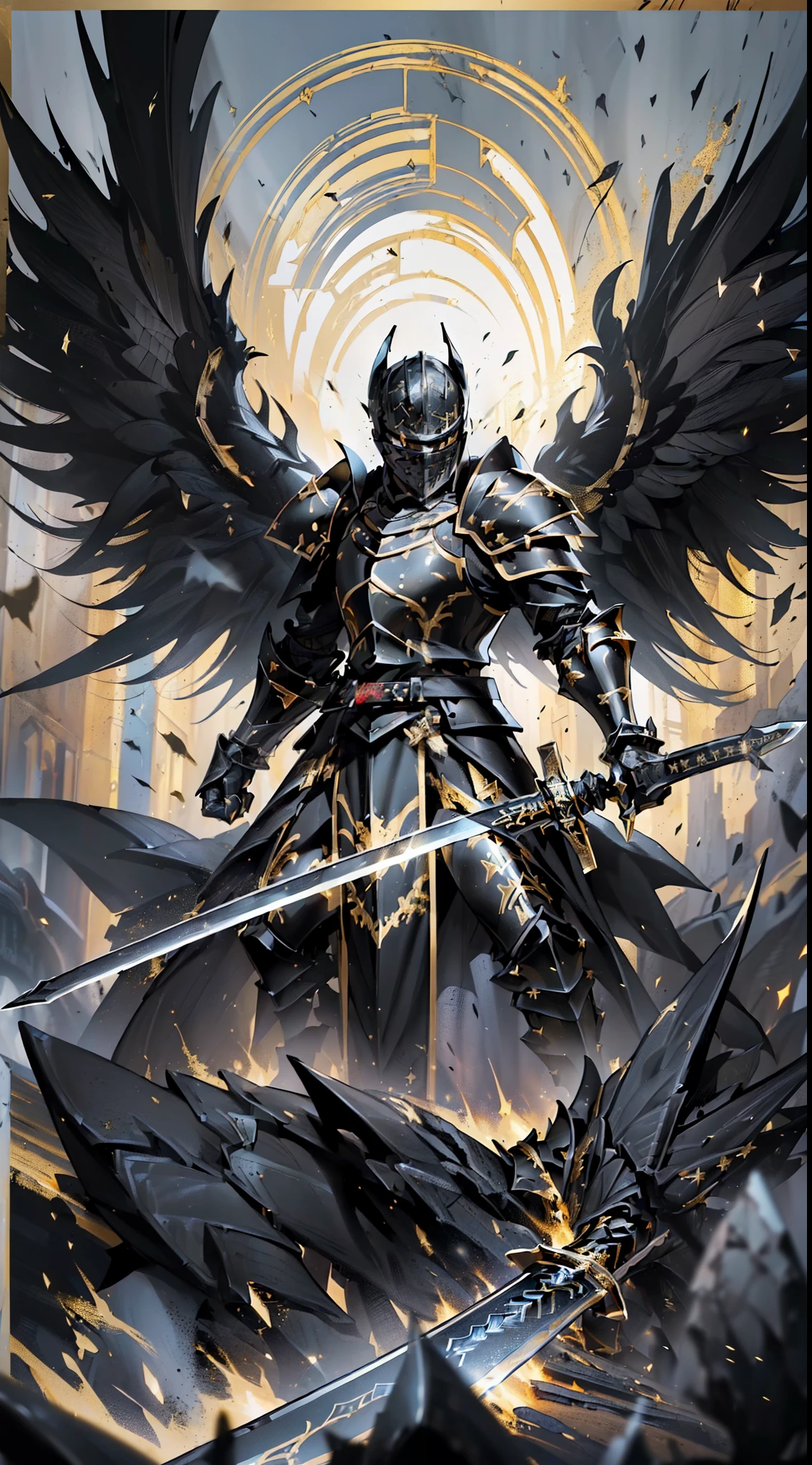 A painting of a man with wings and a sword in his hand - SeaArt AI