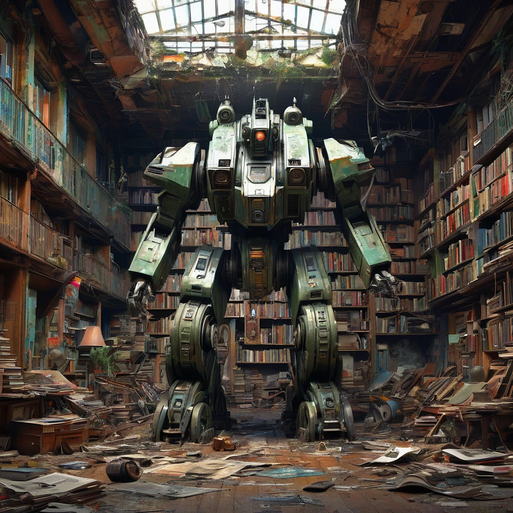 Abandoned Mech, aesthetic, extremely detailed, eye catching, drab, St Helliers Boys Home.....abandoned 50 years ago....old school books littering the floor ..mildew, massive hulking partly human cyborg beast abandoned postapocalyptic wasteland Hyper-detailed masterpiece by Joe Fenton Tracy J. Butler Brian Kesinger WLOP Wadim Kashin Ismail Inceoglu Jordan Grimmer splash art watercolor dark and gritty, Epic cinematic brilliant stunning intricate meticulously detailed dramatic atmospheric maximalist digital matte painting