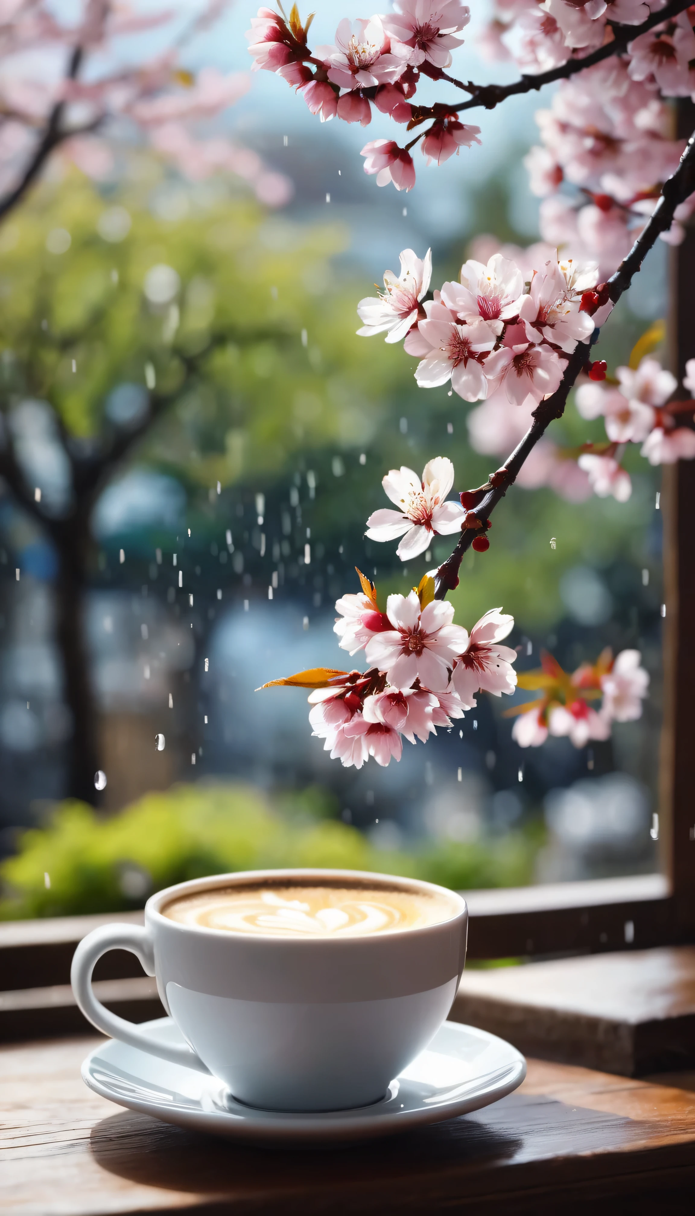 It's raining.bokeh background的樹枝上櫻花的特寫,Latte coffee on wooden table inside window:1.8.(Nico Henriken) photos taken, no splash, romanticism,crimson cherries, Cherry blossoms, Cherry blossoms盛开, Cherry blossoms花s, Cherry blossoms盛开, , Cherry blossoms季, bright, Fresh and contrasting, beautiful light and shadow..(best quality,4k,8k,high resolution,masterpiece:1.2),super detailed,(actual,photoactual,photo-actual:1.37),anatomically correct...bokeh background.