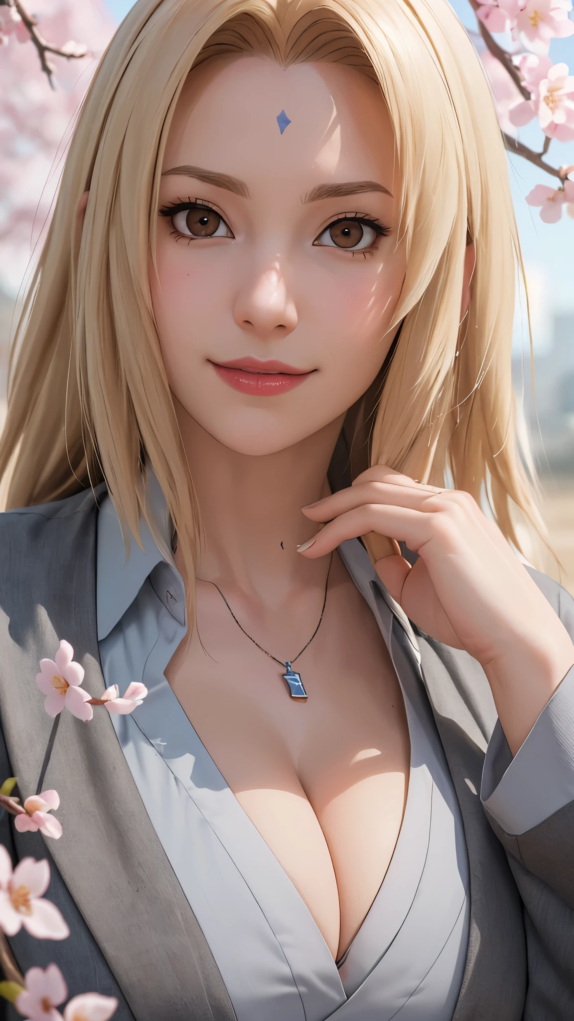 artwork, best quality at best, (1 girl), Tsunade Senju, big breast, (cleavage, (upper body close-up), (no shirt), sexy servant, shy, smile, long hair blondes, (brown eyes: 1.4), cherry blossom, busty figure, huge breaths, busty, cleavage, ultra-realistic representation, meticulous details in characterization, impeccable lighting, superior visual quality, Photography, Canon EOS R5 DSLR camera, Canon RF 85mm f lens, (Detailed face), (((perfect eyes))), (((perfect face))), (((perfect hands))), (((perfect mounth))), ultra-realistic, good lighting, extreme details, cinematic effects, ultra-realistic quality (8k, 4k, Unreal Engine 5)