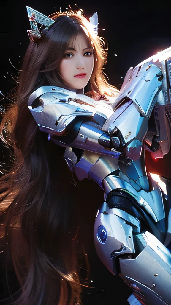 Textured skin, Super Detail, high details, High quality, Best Quality, hight resolution, 1080p, Gorgeous beauty、Girl with Beautiful Mecha Body、(Gundam) Girl with robot body, very very long long hair rapunzel, flying, full body, purple.