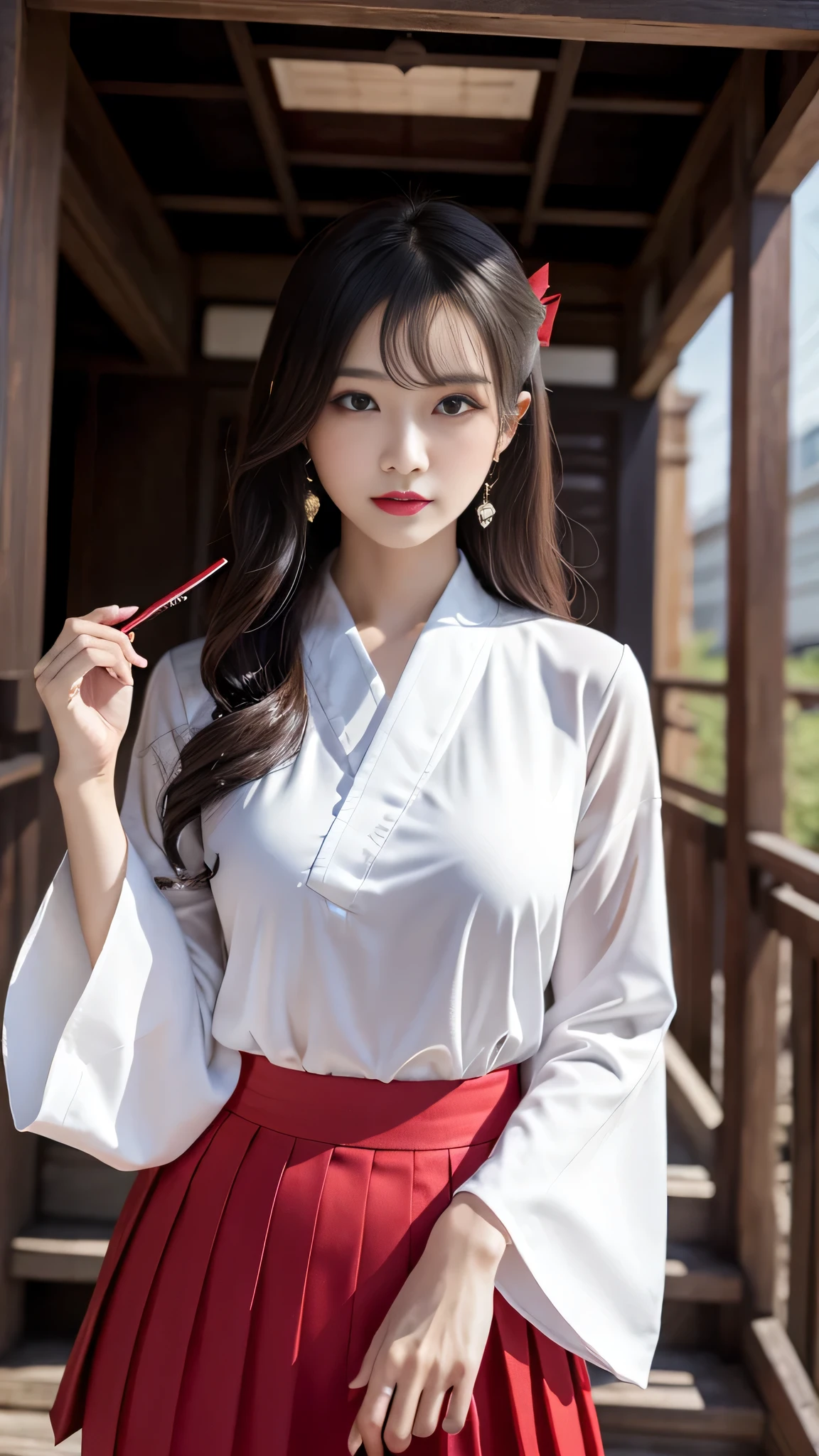 Super detailed、Japanese、charming beauty、seductive adult woman、Beautiful woman、sharp eyes、cool girl、wavy hair、shrine maiden costume、red skirt、wide sleeve、evilの幹部、evil depravity、brainwashing、Mind control、lipstick、grin、evilな表情、evil、empty eyes、evil、Inside a dilapidated building、vampire、vampire、Hypnosis、brainwashinging、Contrasting、makeup brush