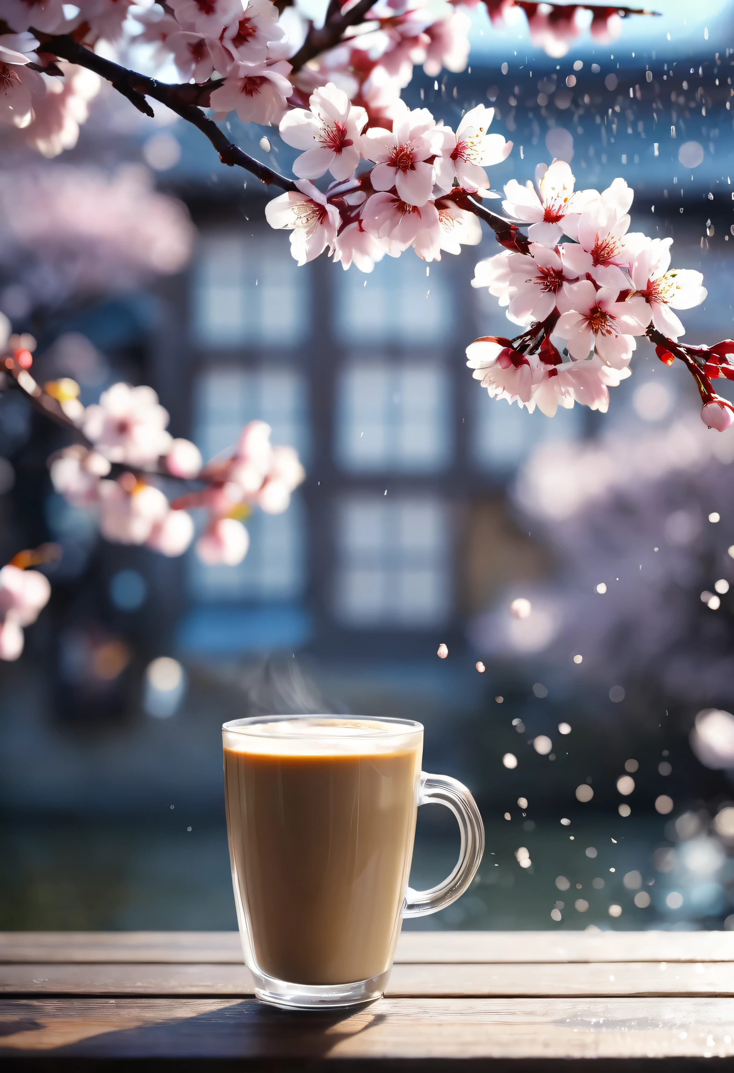 It's raining.bokeh background的樹枝上櫻花的特寫,Latte coffee on wooden table inside window:1.8.(Nico Henriken) photos taken, no splash, romanticism,crimson cherries, Cherry blossoms, Cherry blossoms盛开, Cherry blossoms花s, Cherry blossoms盛开, , Cherry blossoms季, bright, Fresh and contrasting, beautiful light and shadow..(best quality,4k,8k,high resolution,masterpiece:1.2),super detailed,(actual,photoactual,photo-actual:1.37),anatomically correct...bokeh background.