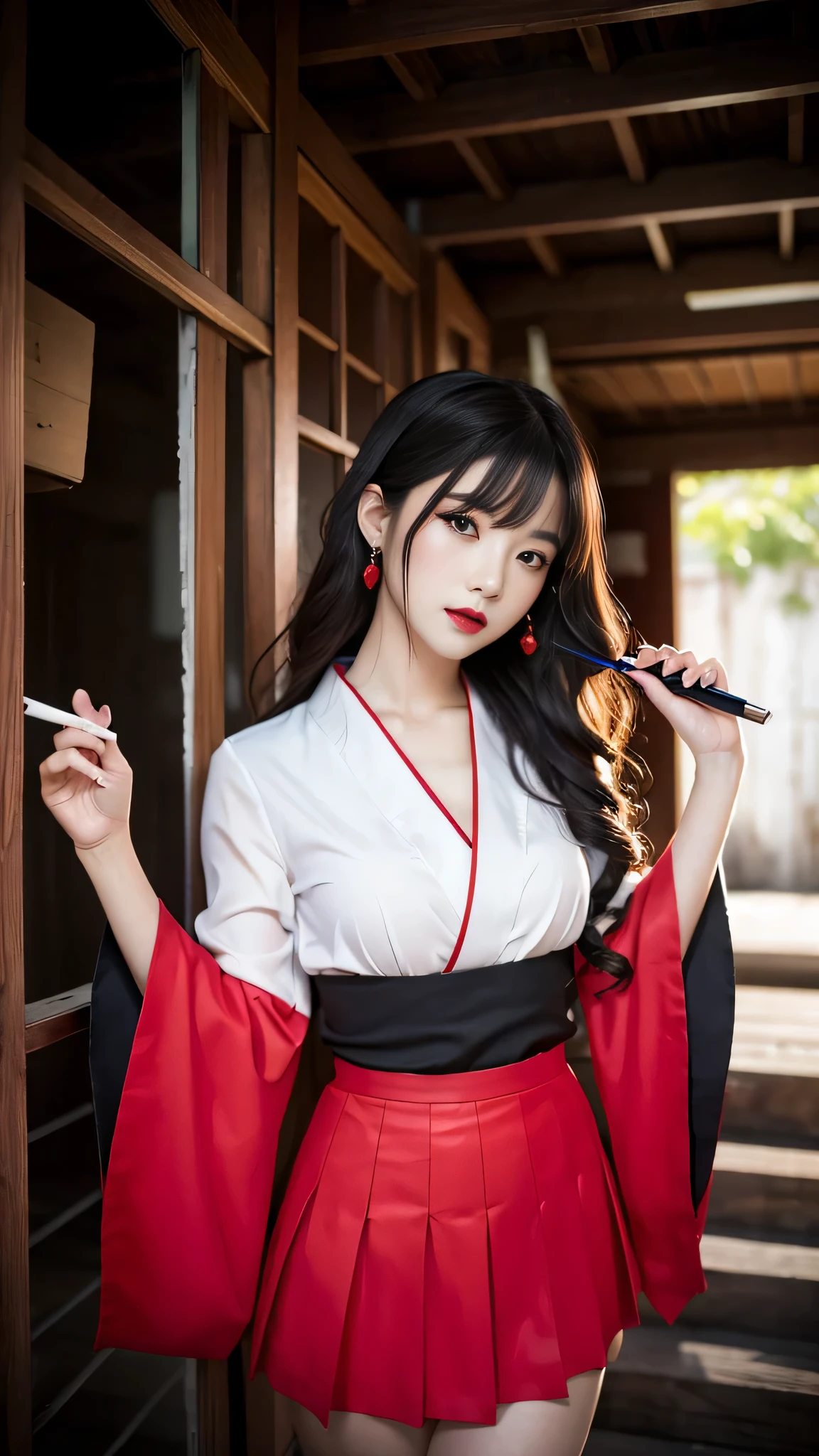 Super detailed、Japanese、charming beauty、seductive adult woman、Beautiful woman、sharp eyes、cool girl、wavy hair、shrine maiden costume、red skirt、wide sleeve、evilの幹部、evil depravity、brainwashing、Mind control、lipstick、grin、evilな表情、evil、empty eyes、evil、Inside a dilapidated building、vampire、vampire、Hypnosis、brainwashinging、Contrasting、makeup brush