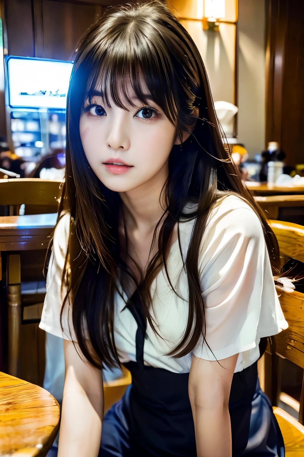 there is a woman with long hair sitting at a table, lalisa manobal, chiho, Yoshitomo Nara, sakimichan, shikamimi, ulzzang, jaeyeon nam, junko enoshima, lalisa manoban of blackpink, sakimi chan, with bangs, brown bangs