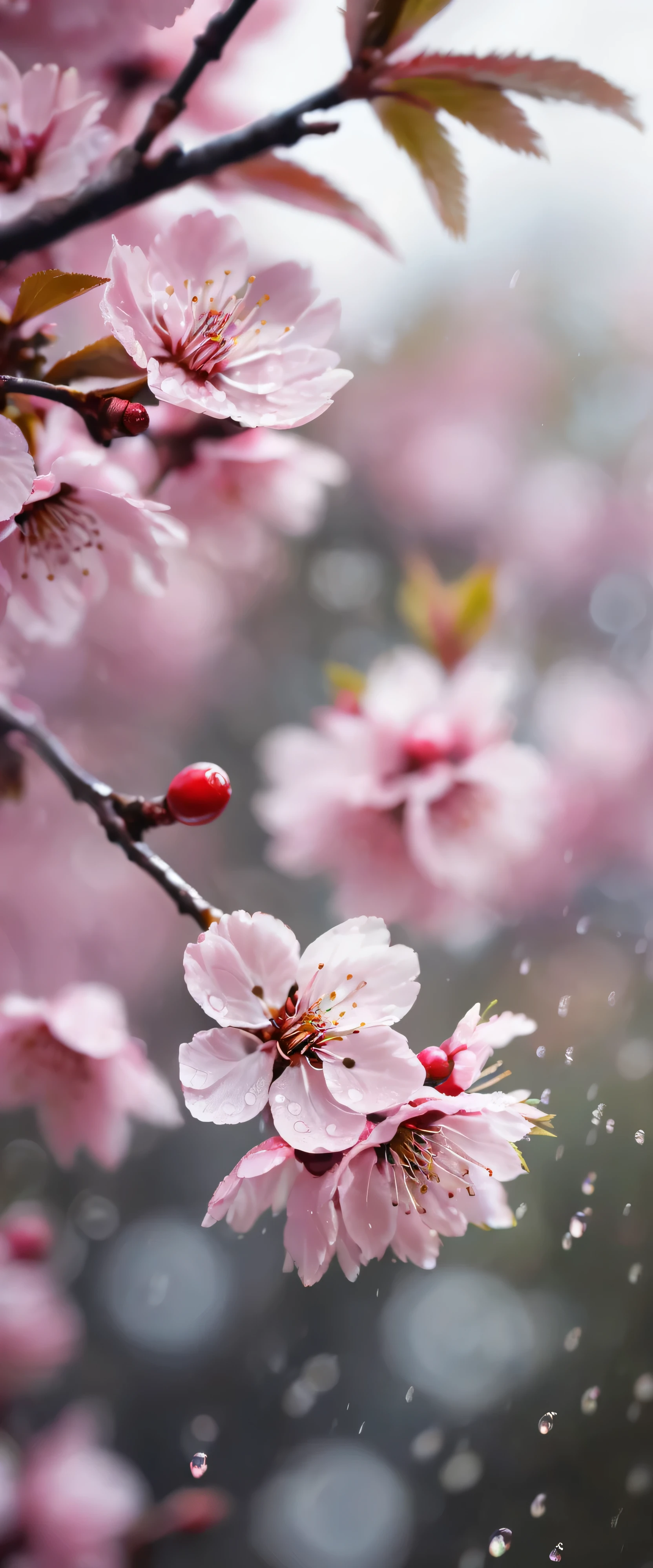 It&#39;s raining.bokeh background的樹枝上一朵花的特寫, (Nico Henriken) photos taken, no splash, romanticism,crimson cherries, Cherry blossoms, Cherry blossoms盛开, Cherry blossoms花s, Cherry blossoms盛开, , Cherry blossoms季, bright, Fresh and contrasting, beautiful light and shadow..(best quality,4k,8k,high resolution,masterpiece:1.2),super detailed,(actual,photoactual,photo-actual:1.37),anatomically correct...bokeh background.