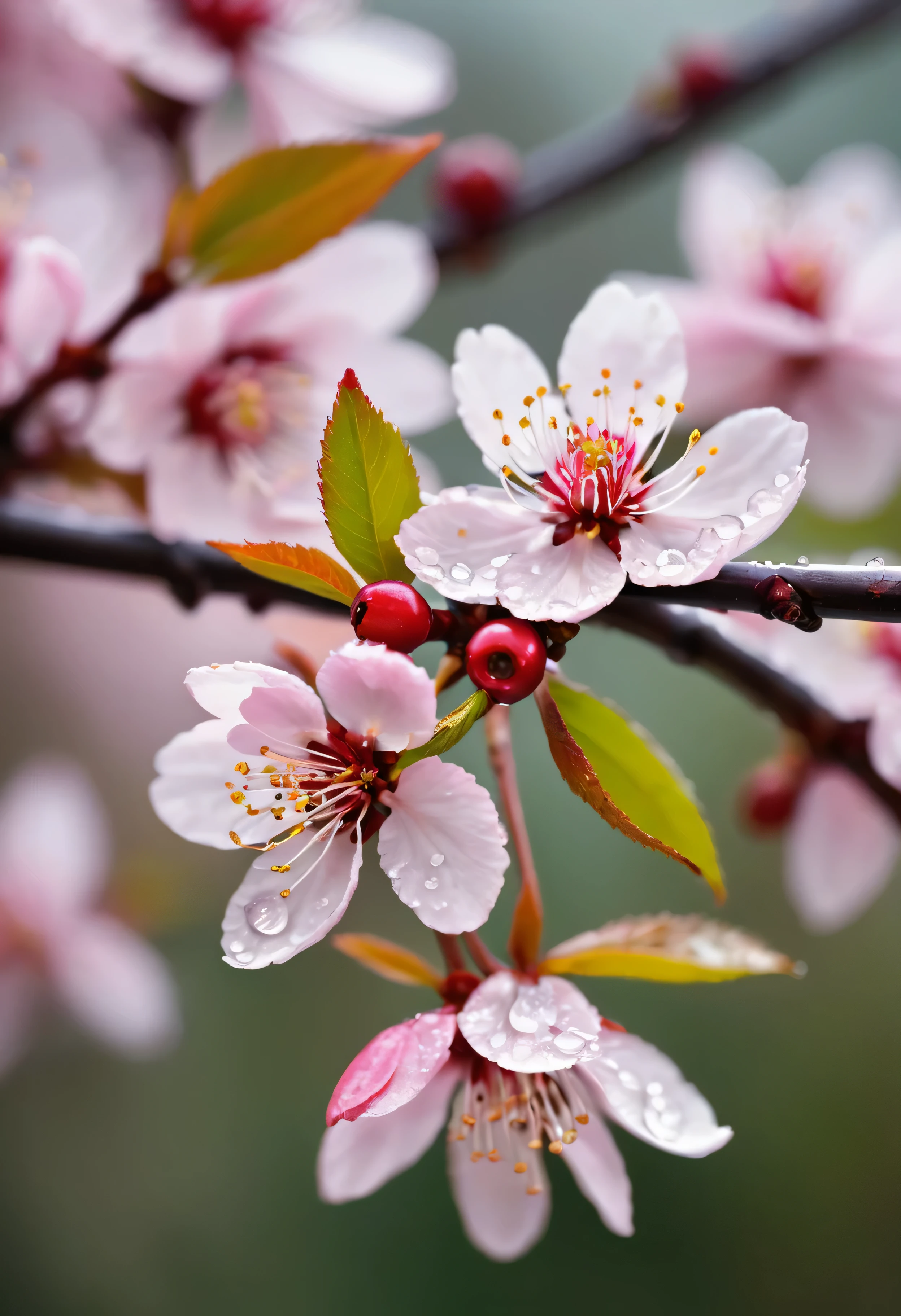 It's raining.Close-up of a flower on a branch with blurred background, (Nico Henriken) photos taken, no splash, romanticism,crimson cherries, Cherry blossoms, Cherry blossoms盛开, Cherry blossoms花s, Cherry blossoms盛开, , Cherry blossoms季, bright, Fresh and contrasting, beautiful light and shadow..(best quality,4k,8k,high resolution,masterpiece:1.2),super detailed,(actual,photoactual,photo-actual:1.37),anatomically correct...bokeh background.