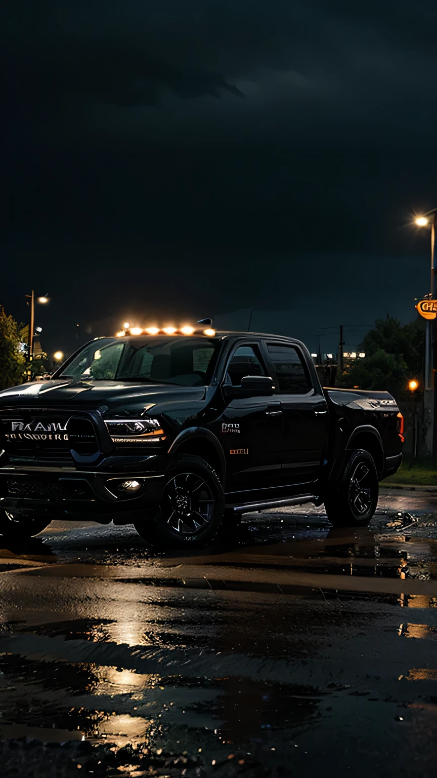 black RAM pickup truch, wet road, day light, dynamic lights, shine