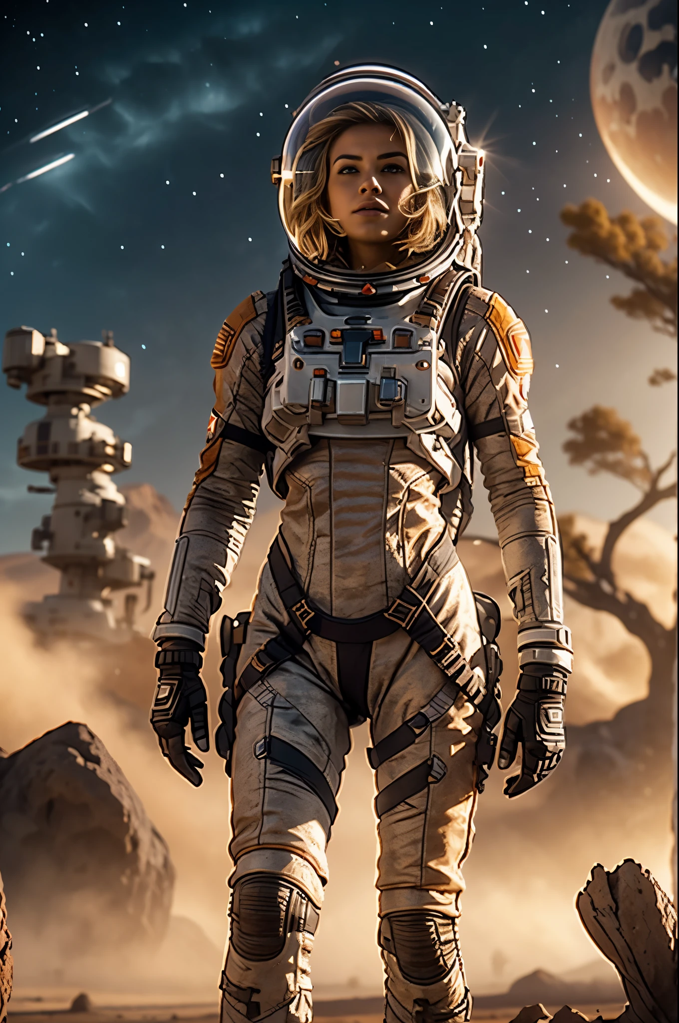 Masterpiece, forbiden planet landscape, swampland, solitary female astronaut, a beautiful 25 years old european blonde woman, radio dish antenna, Electric Purple, utility belt, Metallic Gray Zinc, sci-fi, ultra high res.photorealistic, 16k, UHD, HDR, the best quality, body-tight suit, intricate, the most fantastic details, cinematic composition, dramatic lighting, full body, celestial bodies in the sky, dead trees, dry bushes, realistic reflections, sunset,  to scale, lonely, sad, dynamic posture,  a military compound in the background