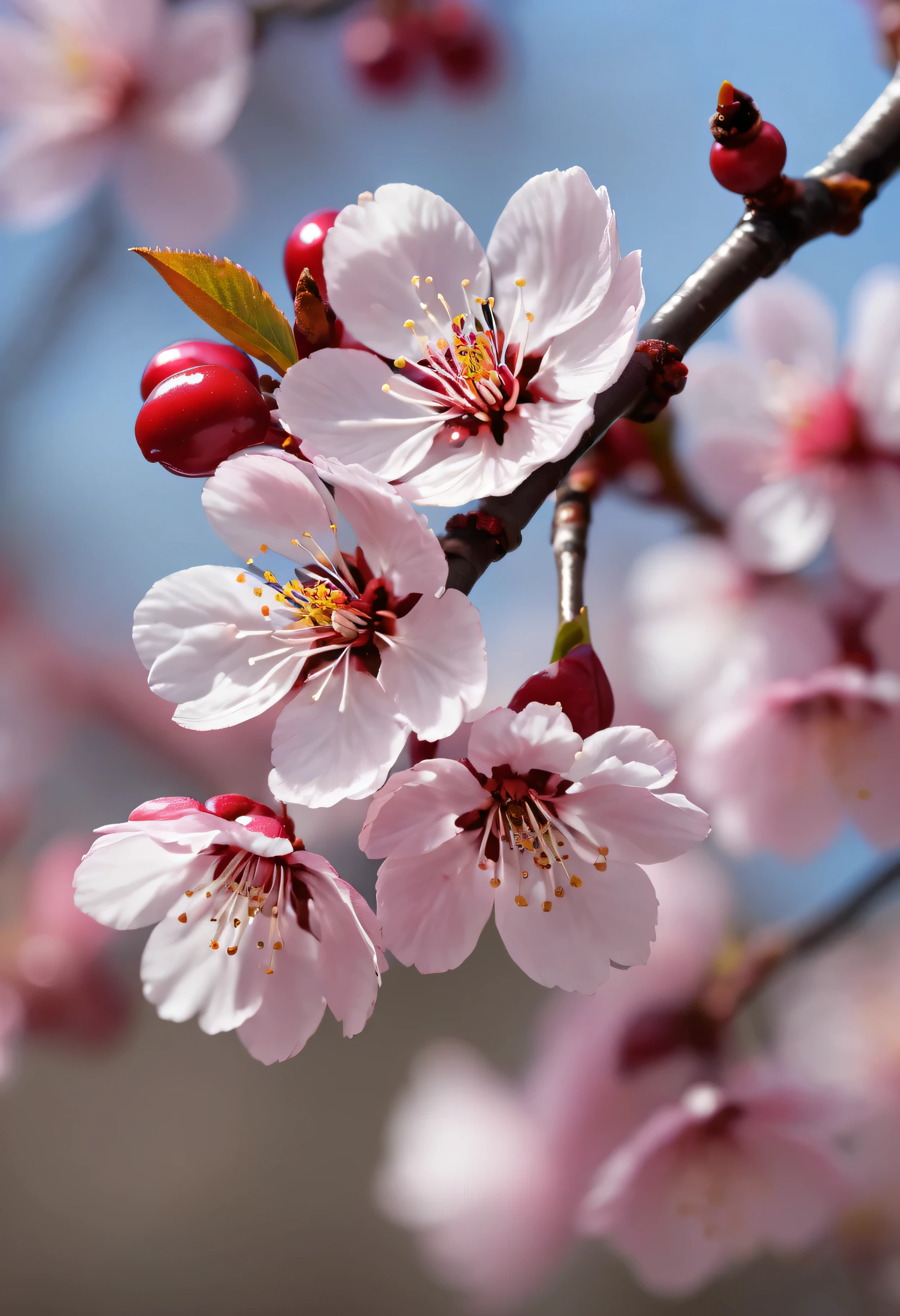 Close-up of a flower on a branch with blurred background, (Nico Henriken) photos taken, no splash, romanticism,crimson cherries, Cherry blossoms, Cherry blossoms盛开, Cherry blossoms花s, Cherry blossoms盛开, , Cherry blossoms季, bright, Fresh and contrasting, beautiful light and shadow..(best quality,4k,8k,high resolution,masterpiece:1.2),super detailed,(actual,photoactual,photo-actual:1.37),anatomically correct...