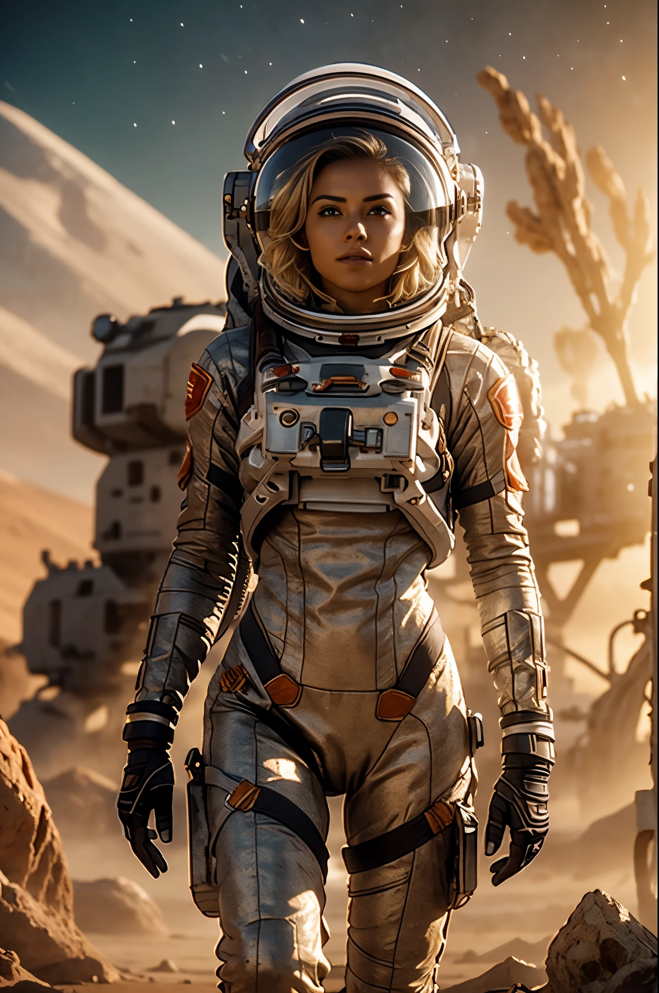 Masterpiece, alien landscape, swampland, solitary female astronaut, beautiful european 25 years old blonde woman, radio dish antenna, Electric Purple, utility belt, Metallic Gray Zinc, sci-fi, ultra high res.photorealistic, 16k, UHD, HDR, the best quality, body-tight suit, intricate, the most fantastic details, cinematic composition, dramatic lighting, full body, celestial bodies in the sky, dead trees, dry bushes, realistic reflections, sunset, a military compound, to scale, lonely, sad, dynamic posture, ruffles 