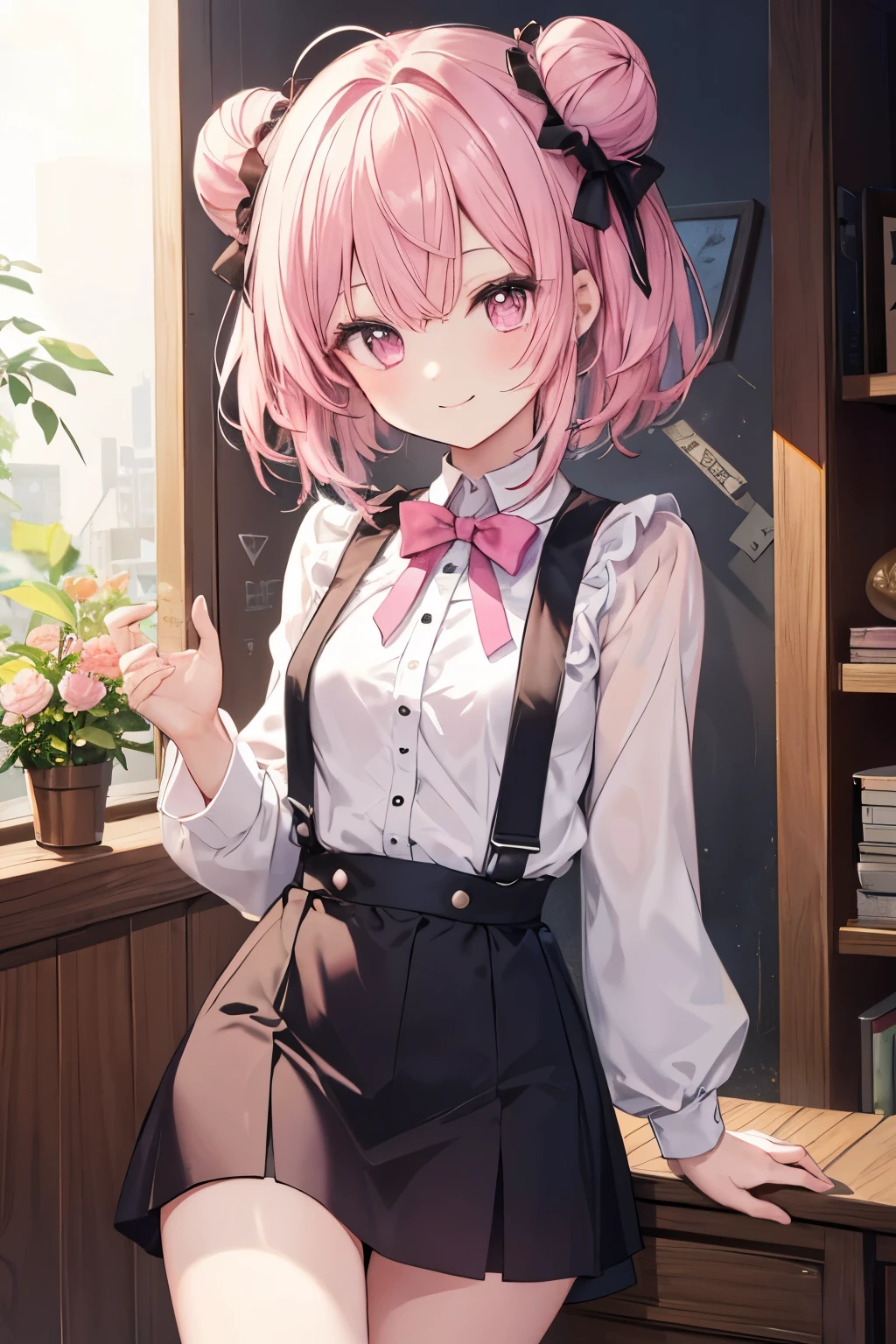 pink hair pink eyes、 girl、small breasts、bun hair、girl、small breasts、smiling smile、Looks about 15 years old、Petan Musume、he is short