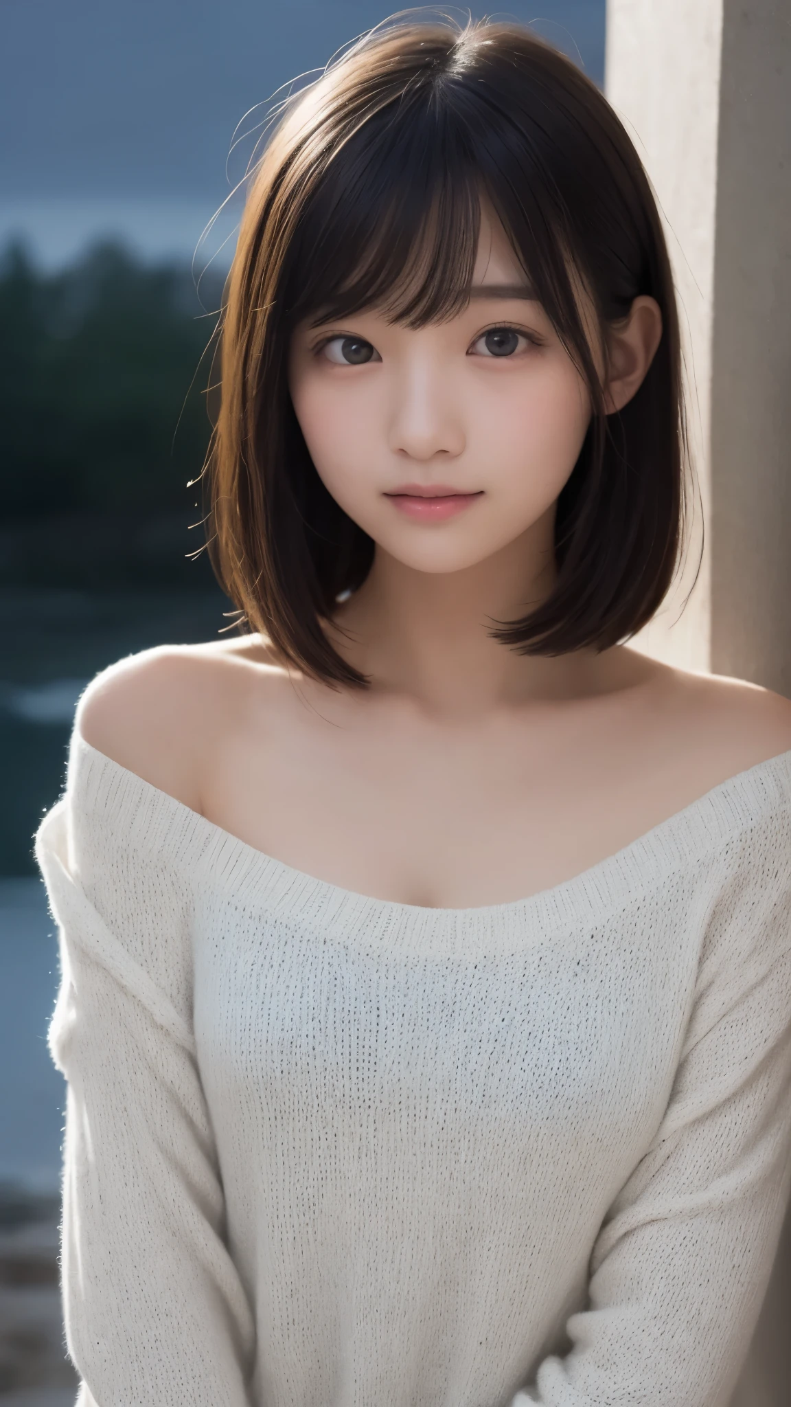 table top, highest quality, 8k, 8--old,ng face,RAW photo, absurd, award-winning portraits, smile, alone, (night:1.8), idol face, delicate girl,delicate body, Upper body, Digital single-lens reflex camera, looking at the viewer, Frank, Sophisticated,thin arms, thin body,Stroking shoulder,professional lighting, film grain, chromatic aberration, (Eye and face details:1.0), (doctor:1.1) , close your mouth , black haired , shortcut,bangs,drooling eyes , moderately large breasts,valley,knitted clothing,white knitwear,texture,too much exposure,Shoulders are sticking out,((drop shoulder:1.2)),I can see your chest,